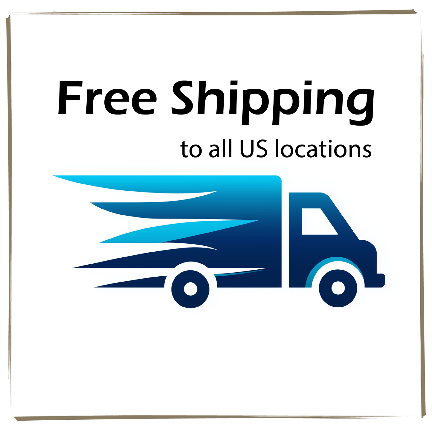 Free shipping promotional graphic with a blue delivery truck icon on a white background.