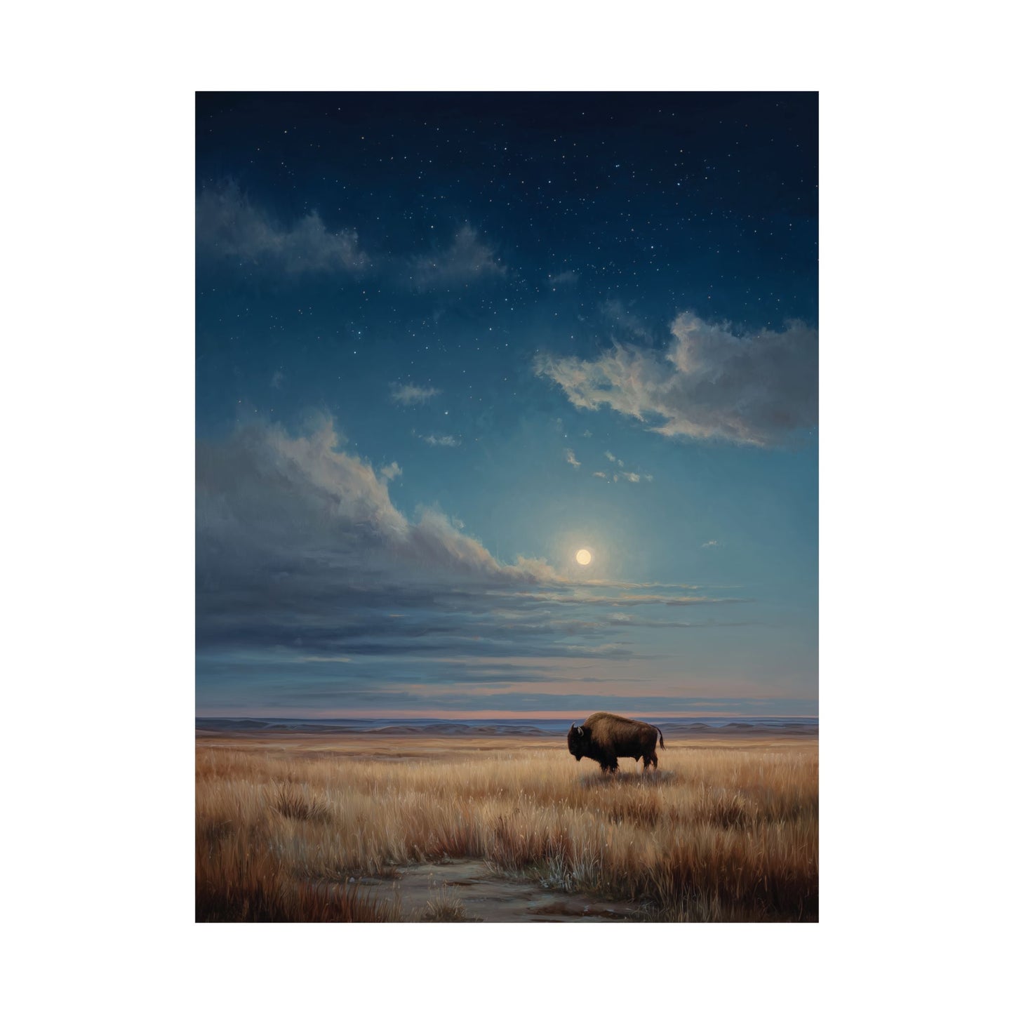 Bison Under Moonlight Wall Art, Western Landscape Canvas or Poster Print, Starry Night Prairie Buffalo Print, Rustic Nature Home Decor