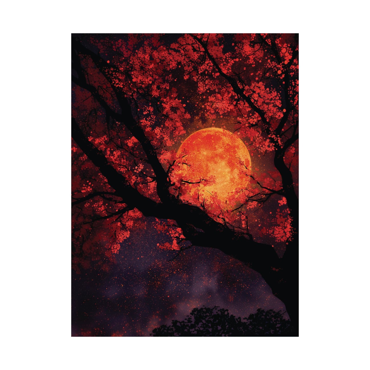 Celestial Red Blood Moon Cherry Blossom Nightscape Canvas or Poster Art Print, Red Moon & Tree Silhouette Wall Decor, Home Decoration
