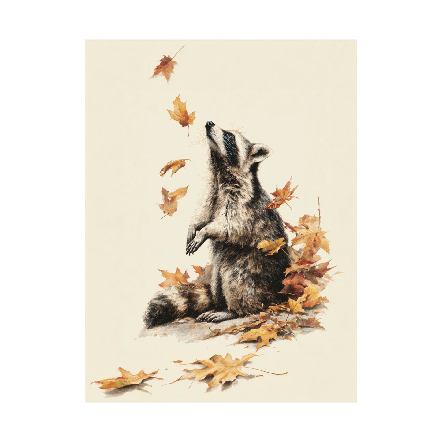 Raccoon and Autumn Leaves Art Print, Cottagecore Wall Art Poster, Woodland Nursery Decor, Whimsical Animal Canvas, Fall Goblincore Gift