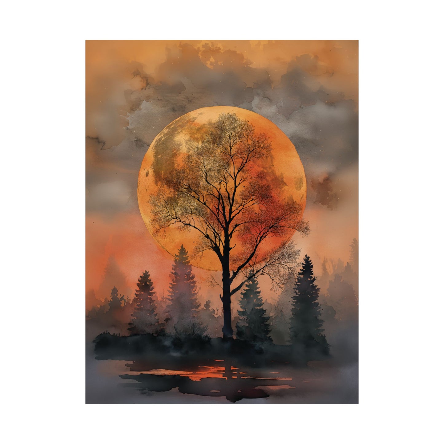 Orange Moon and Tree Landscape Wall Art, Autumn Forest Canvas or Poster Print, Celestial Night Painting for Home or Cabin Decor