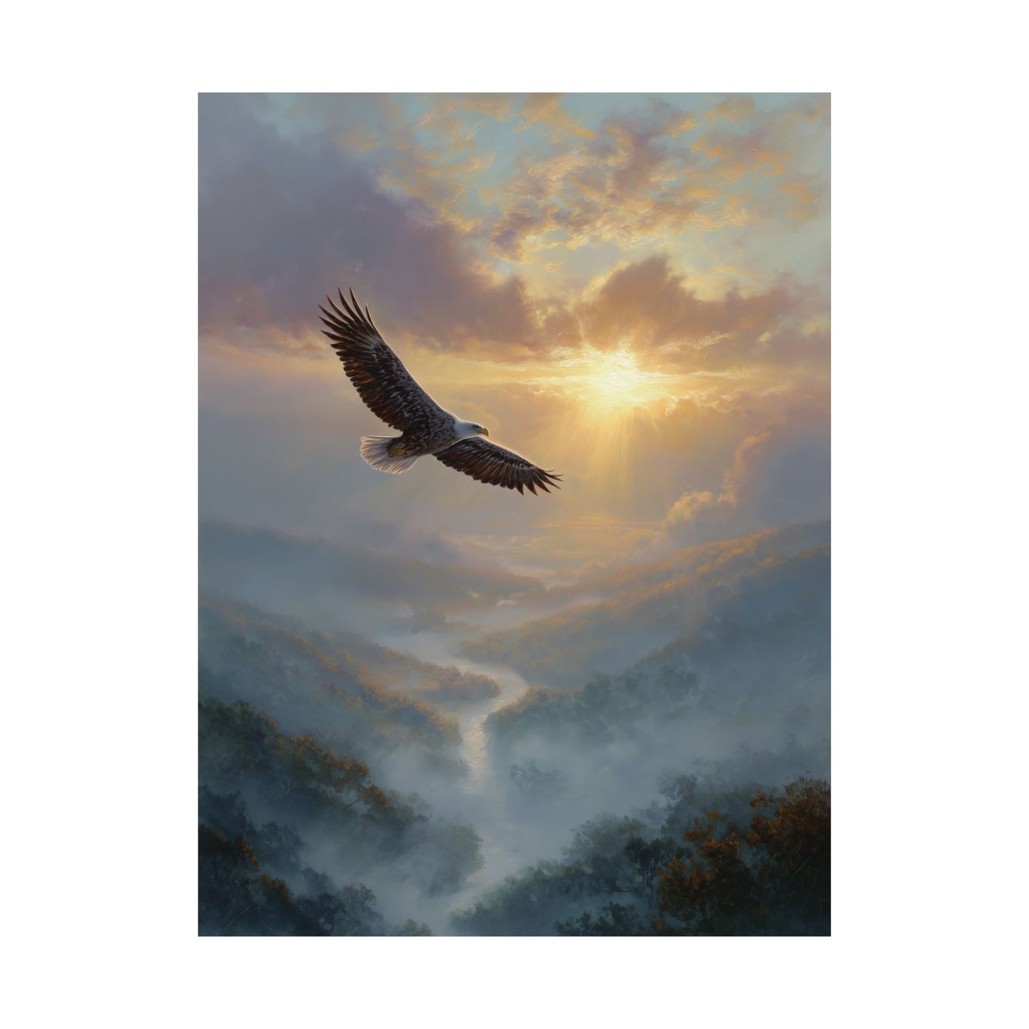 Majestic Eagle at Sunrise Canvas or Poster Print, Oil Painting Style Print, Misty Mountain Landscape Artwork, Inspirational Home Decor