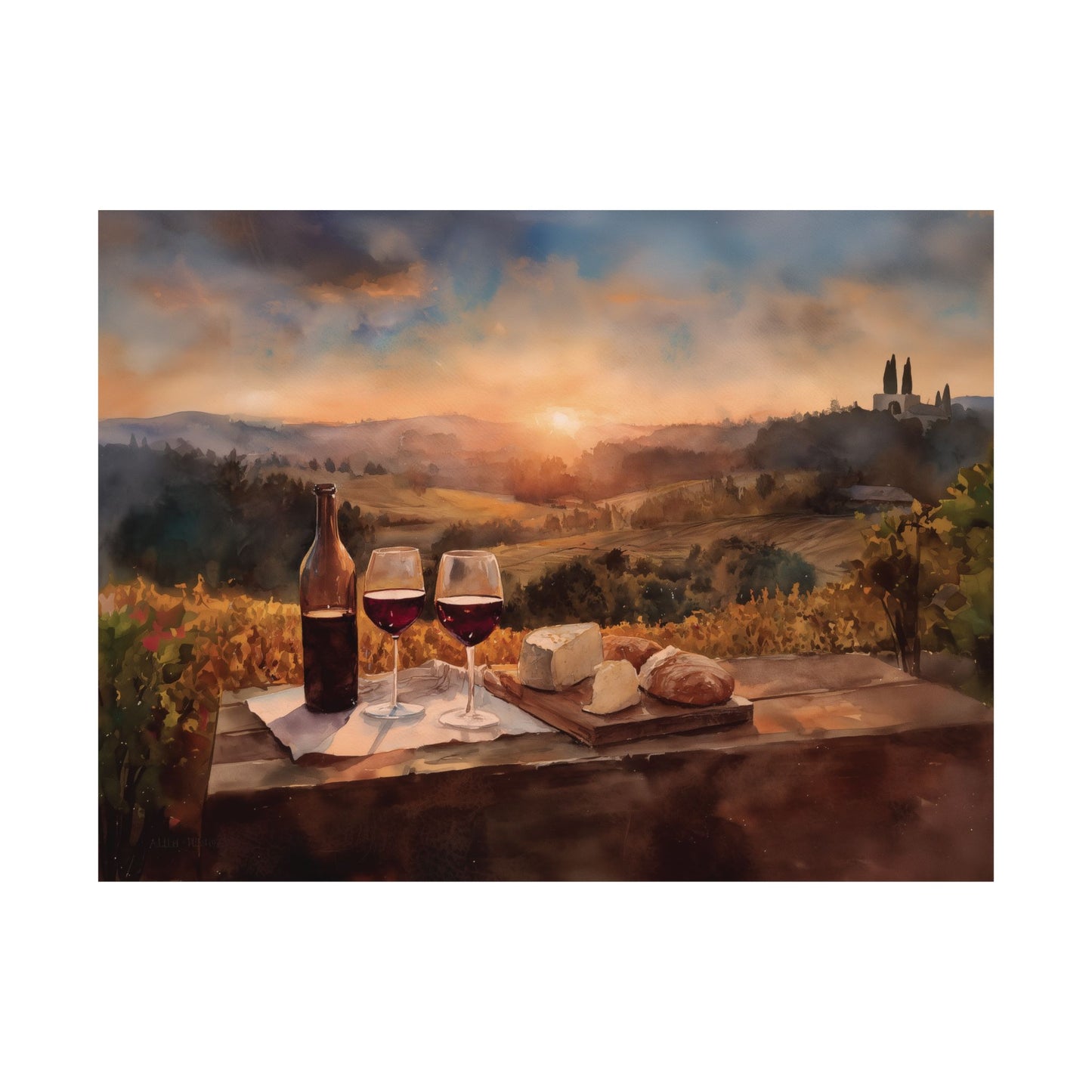 Wine glasses and bottle on a wooden table with a scenic landscape in the background