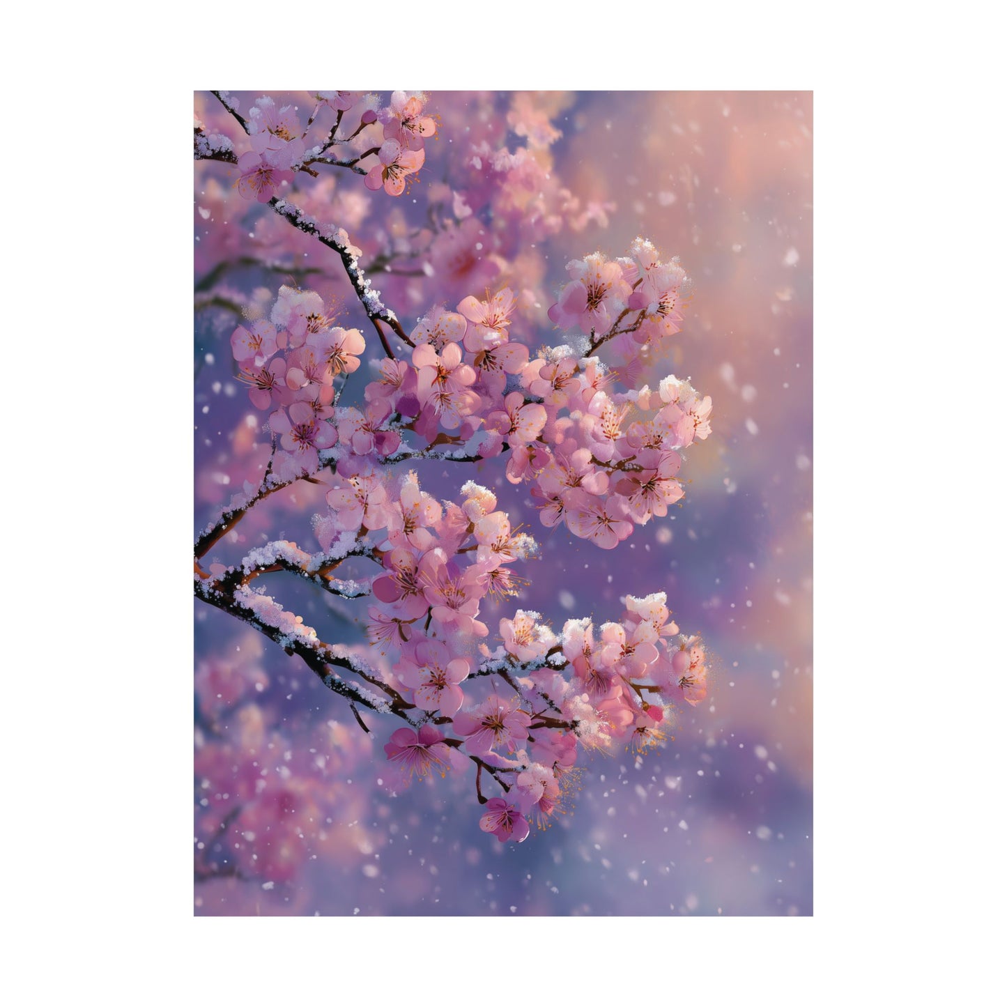 Snowy Cherry Blossom Canvas or Poster Print, Winter Sakura Flower Wall Art, Pink Floral Tree Artwork, Japanese Nature Home Decor