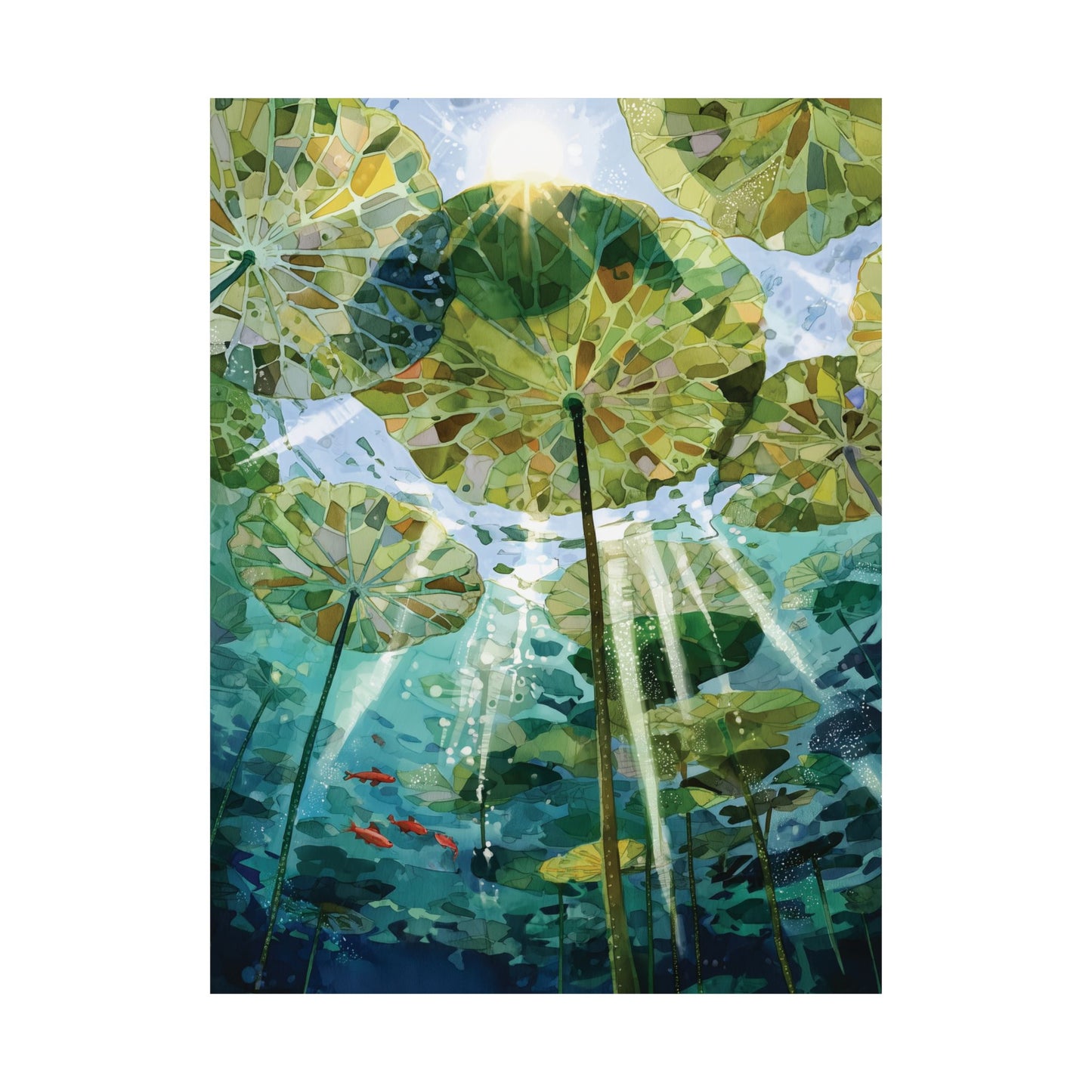 Underwater Lily Pond Wall Art, Sunlight Through Lily Pads Canvas or Poster Print, Nature Inspired Water Garden Artwork, Living Room Decor