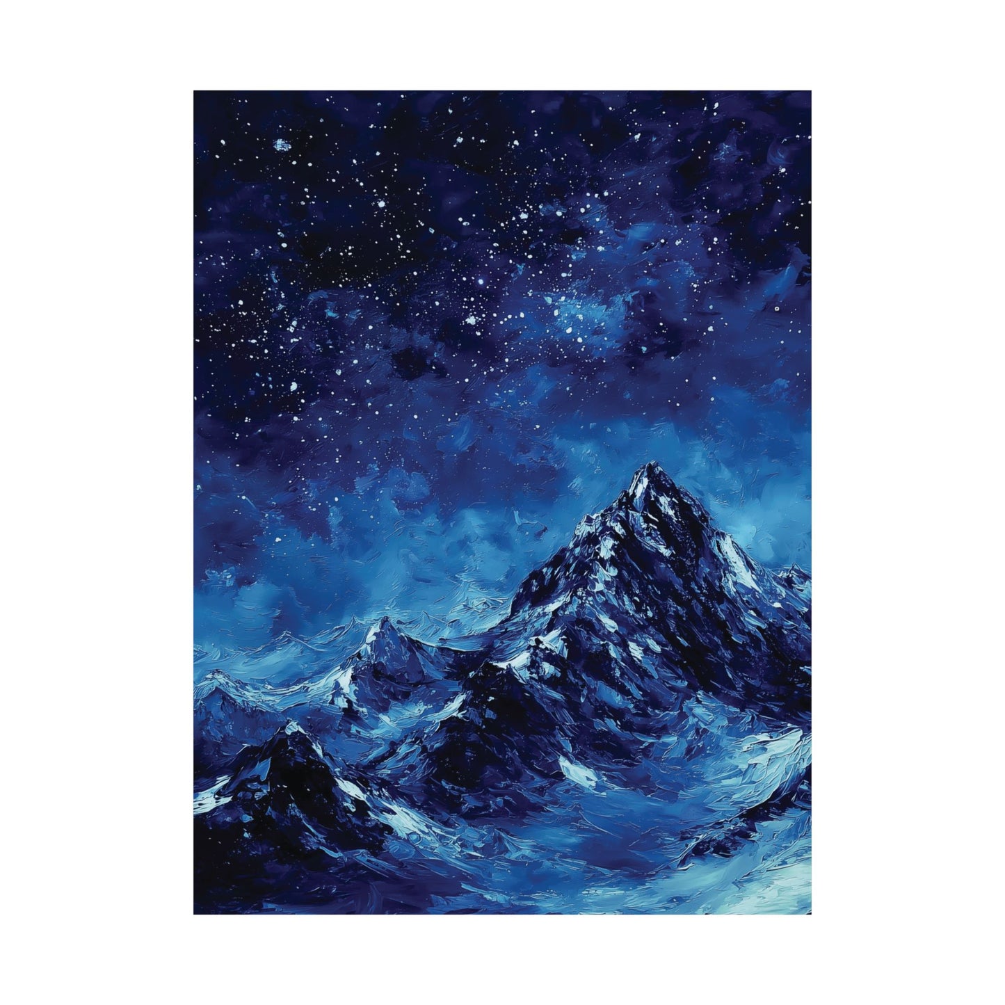 Starry Sky Night Mountain Canvas or Poster Print, Snowy Peak Landscape Painting Style Print Wall Art, Celestial Night Nature Home Decor