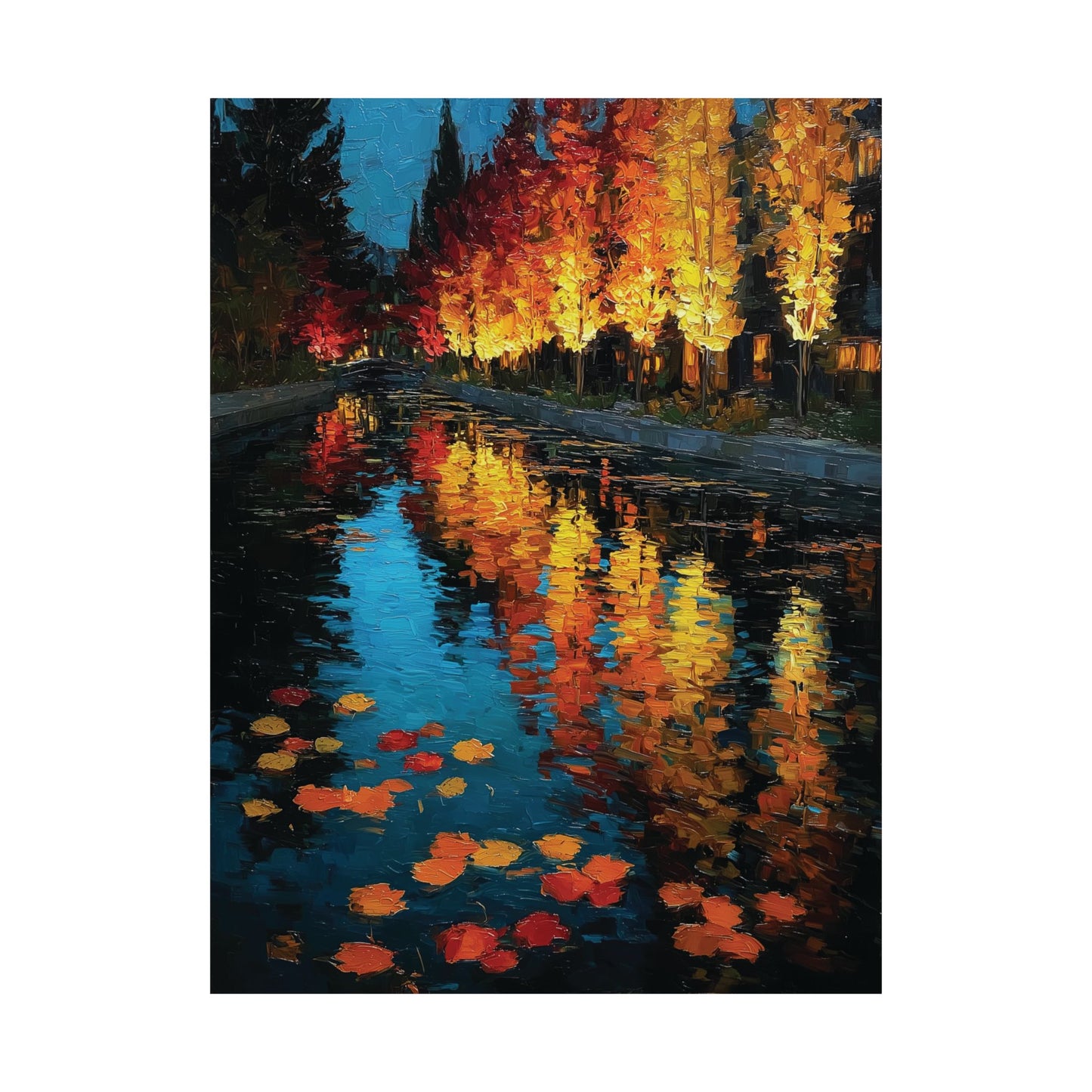 Autumn Reflections Impressionist Canvas or Poster Print, Golden Fall Trees and Colorful Leaves on River, Oil Painting Style Wall art