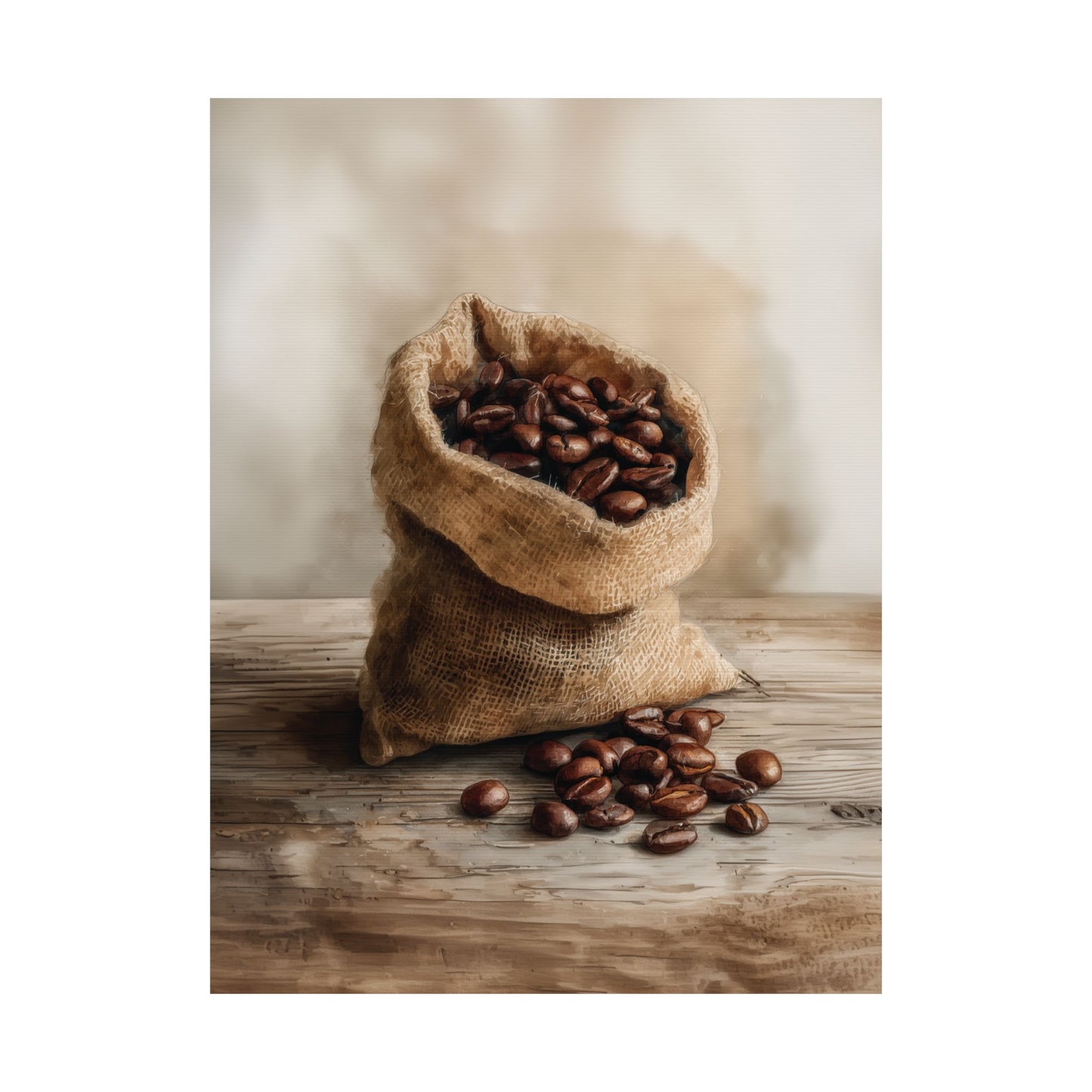 Rustic Coffee Bean Wall Art Print, Burlap Sack Coffee Decor for Kitchen Canvas or Poster Print, Cafe or Coffee Bar Decoration