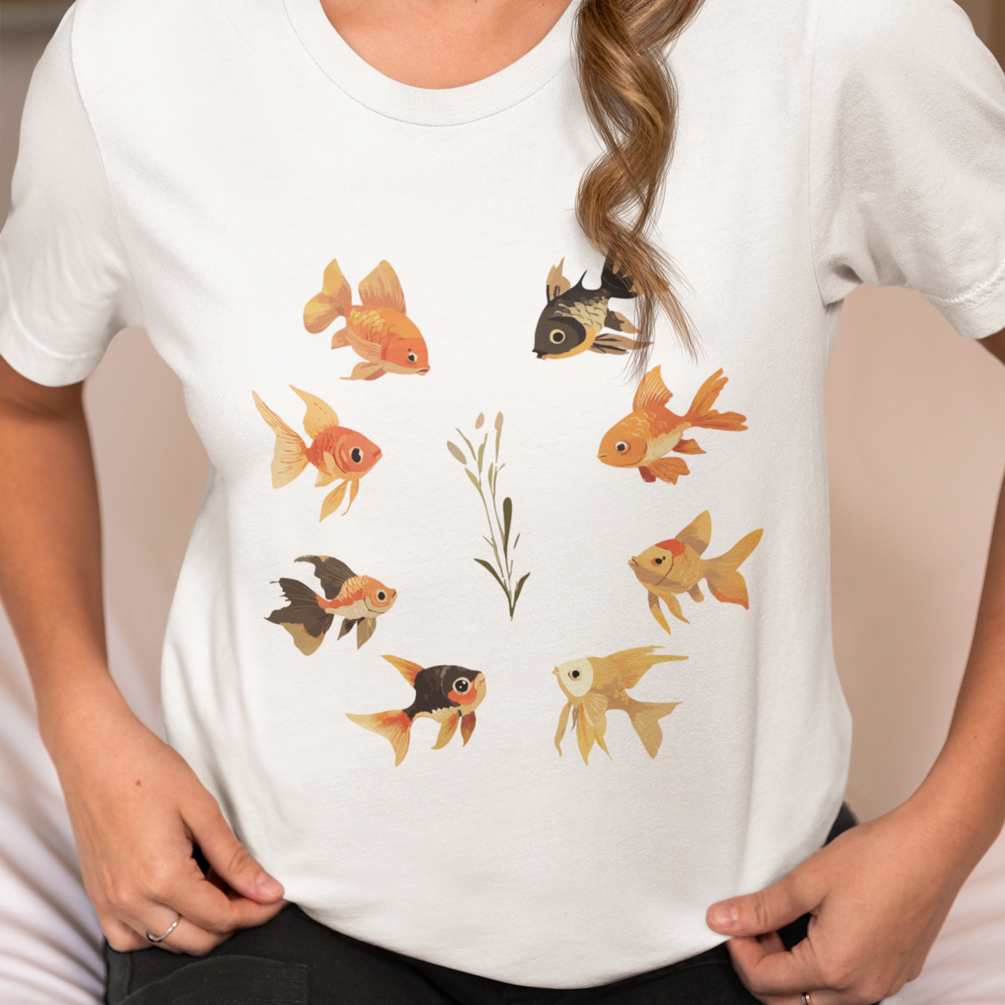 Goldfish Circle Shirt, Watercolor Style Fish Lover Tshirt, Aquatic Plant Nature Shirt, Minimalist Artistic Cotton Top, Summer Outfit Gift