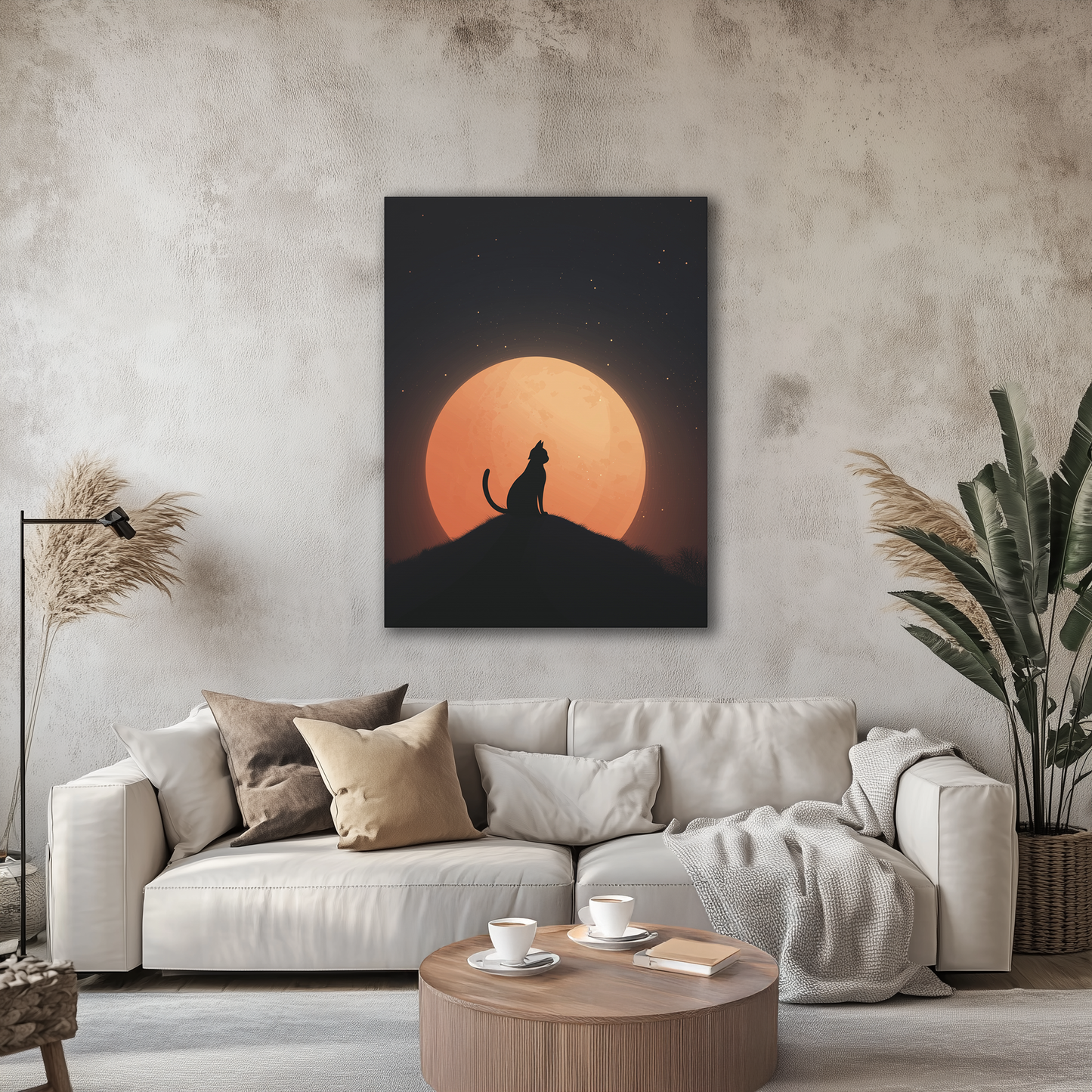 Black Cat & Full Moon Halloween Wall Art, Spooky Night Silhouette Poster or Canvas, Witch Cat Decor, Fall Home Decoration, Halloween Gift