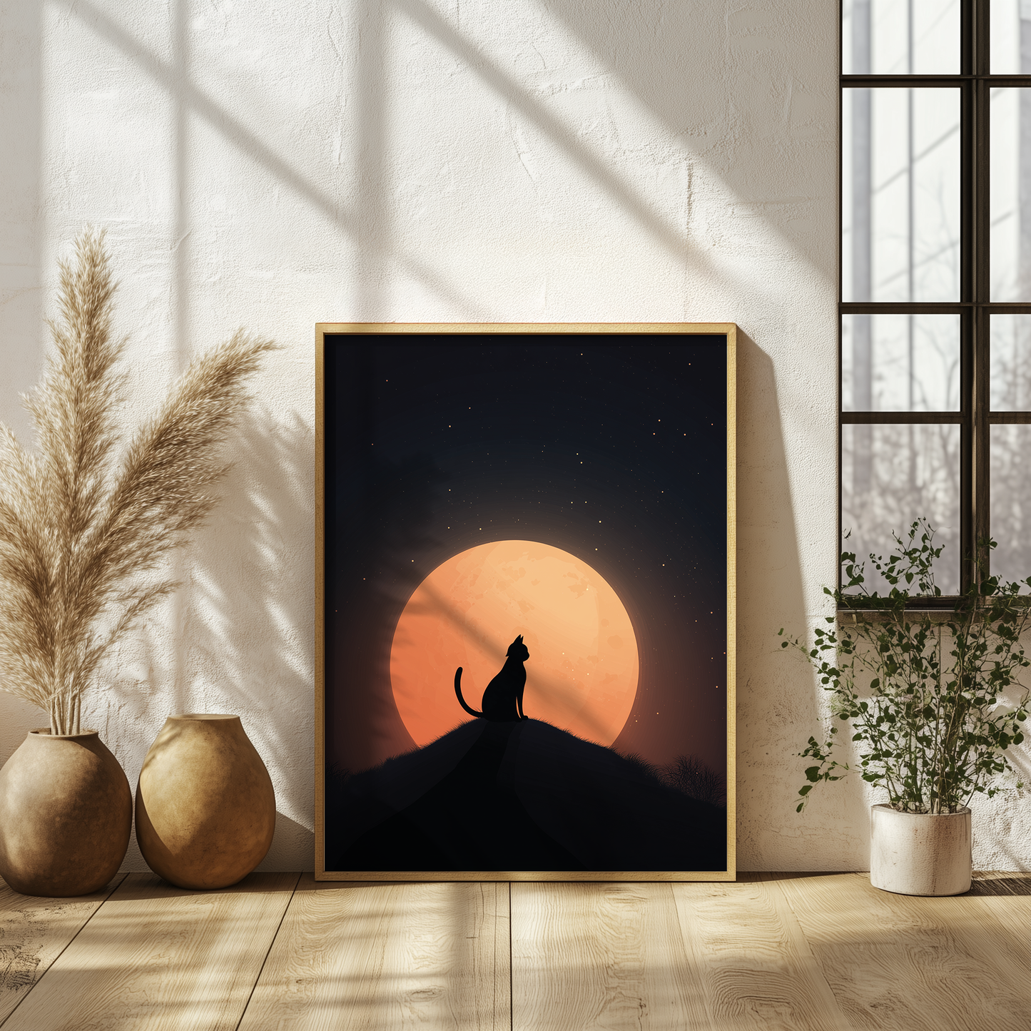 Black Cat & Full Moon Halloween Wall Art, Spooky Night Silhouette Poster or Canvas, Witch Cat Decor, Fall Home Decoration, Halloween Gift