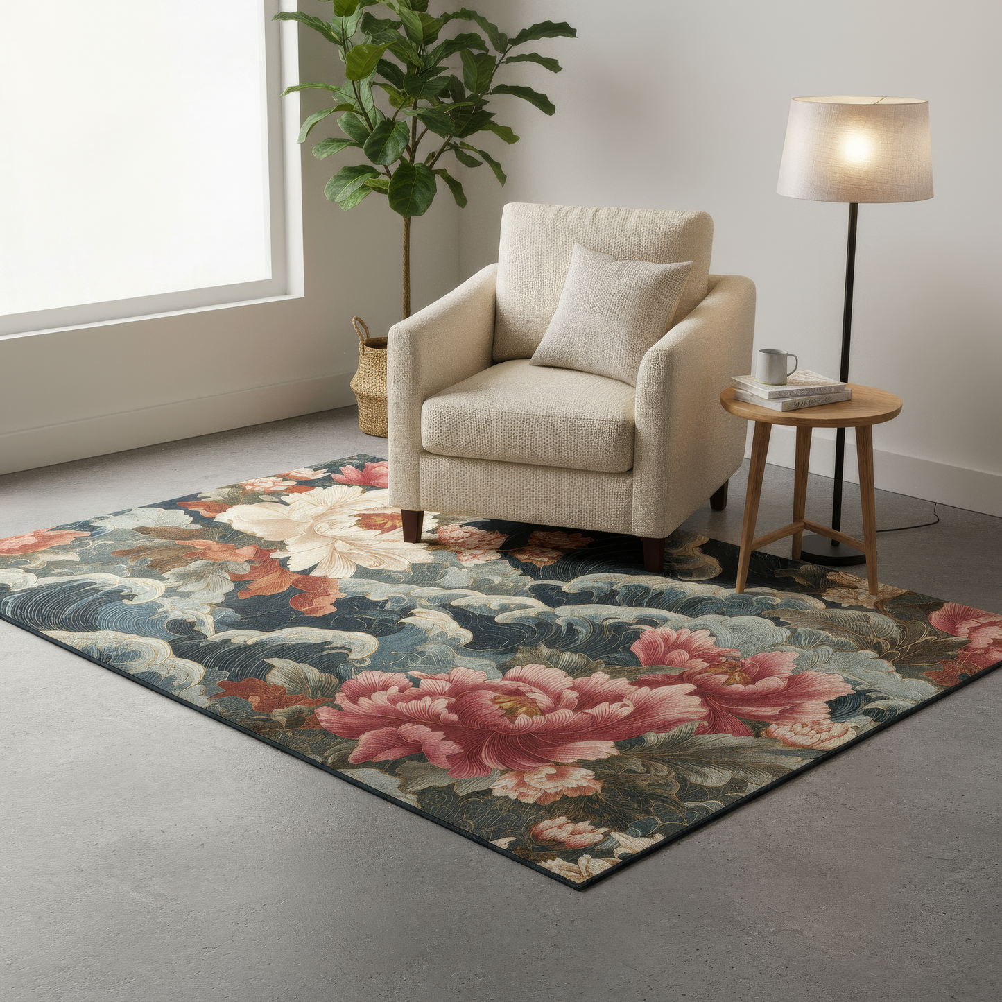 Japanese Floral Area Rug, Ukiyo-e Style Peony and Waves Carpet, Maximalist Chinoiserie Decor, Asian Art, Dark Academia Botanical Accent Rug