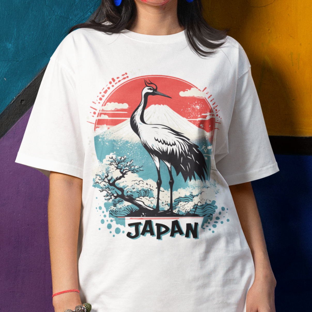 Comfort Colors Japanese Crane Shirt, Mount Fuji Tee, Unisex Graphic Top, Oriental Bird Shirt, Retro Neon Vibes Clothing, Travel Japan Shirt