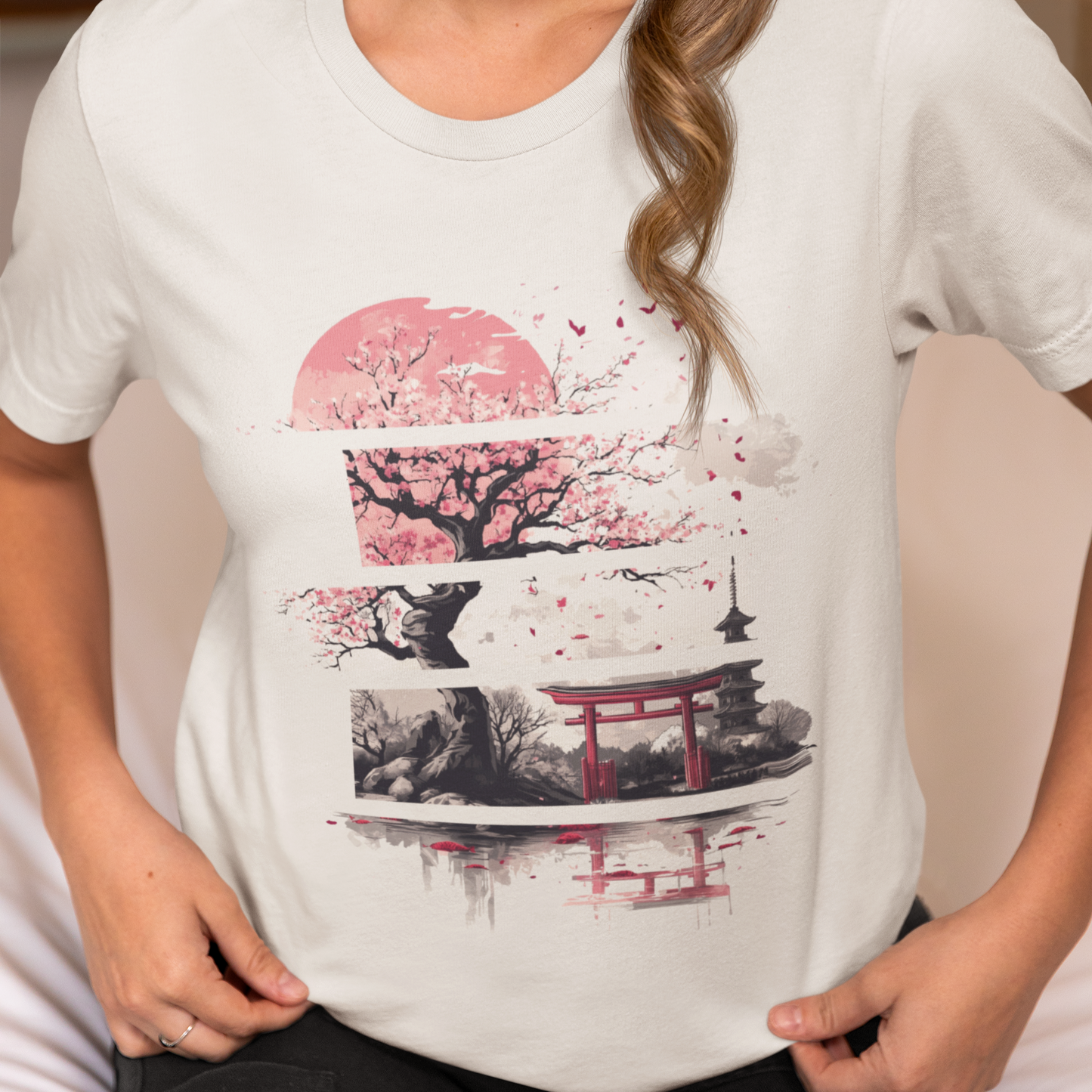 Japanese Cherry Blossom Shirt, Travel Japan Shirt, Elegant Japan Lover Shirt, Japan Torii Gate Shirt, Sumi-e Style, Artistic Fashion