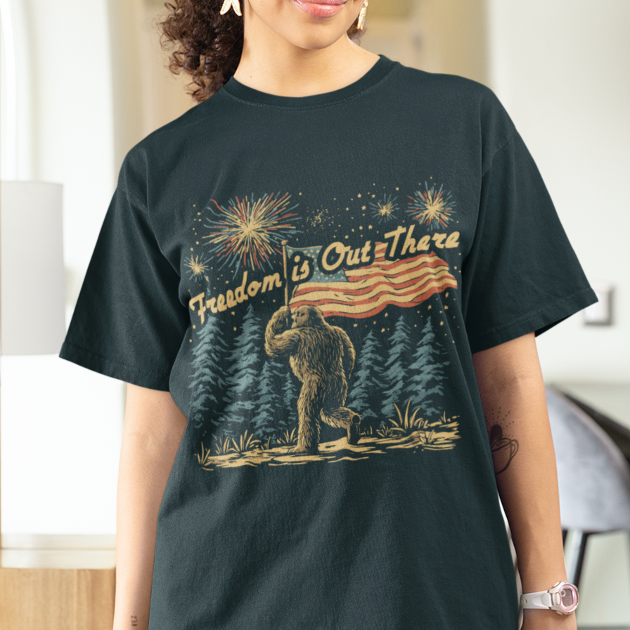 Sasquatch Independence Day Shirt, Patriotic Fourth of July Shirt, Freedom is Out There Tee, Retro American Flag Tee, Funny American Shirt