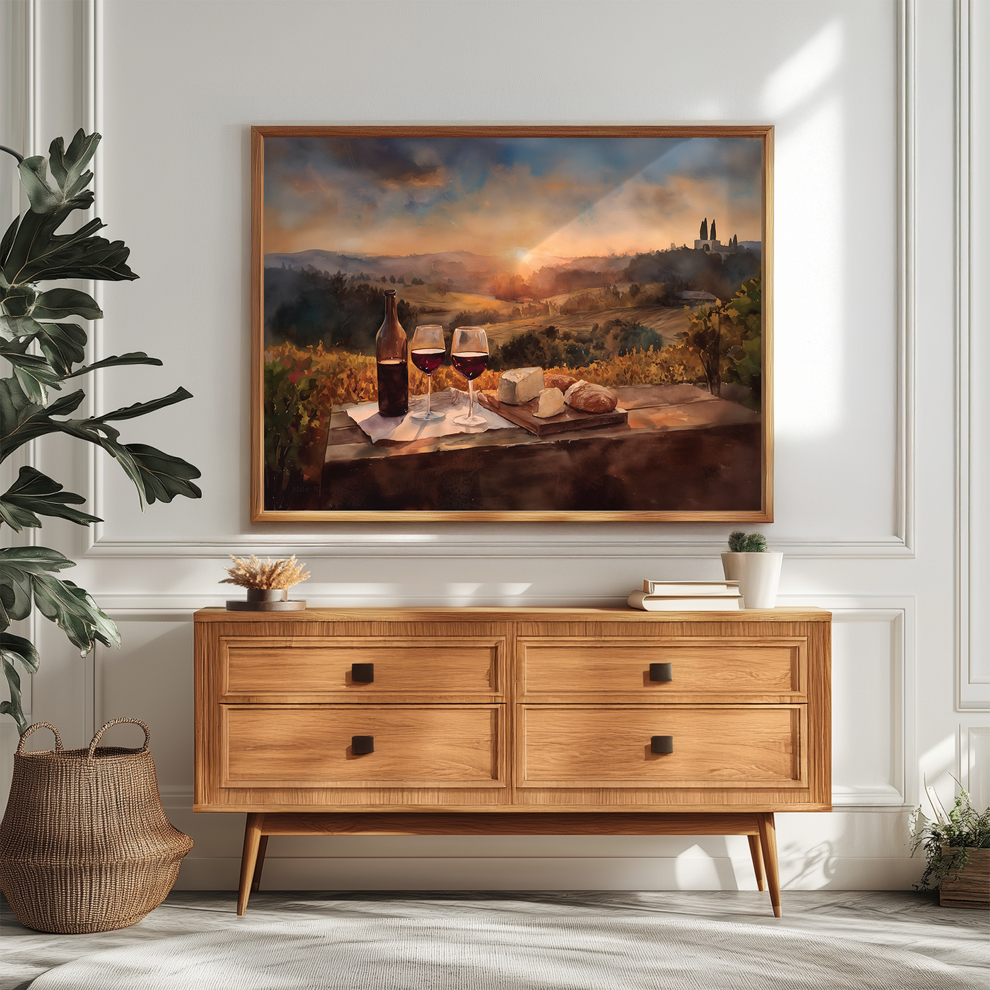 Vineyard Sunset Wall Art, Tuscany Wine and Cheese Countryside Canvas Poster Print, Italian Kitchen Poster, Romantic Wine Country Home Decor