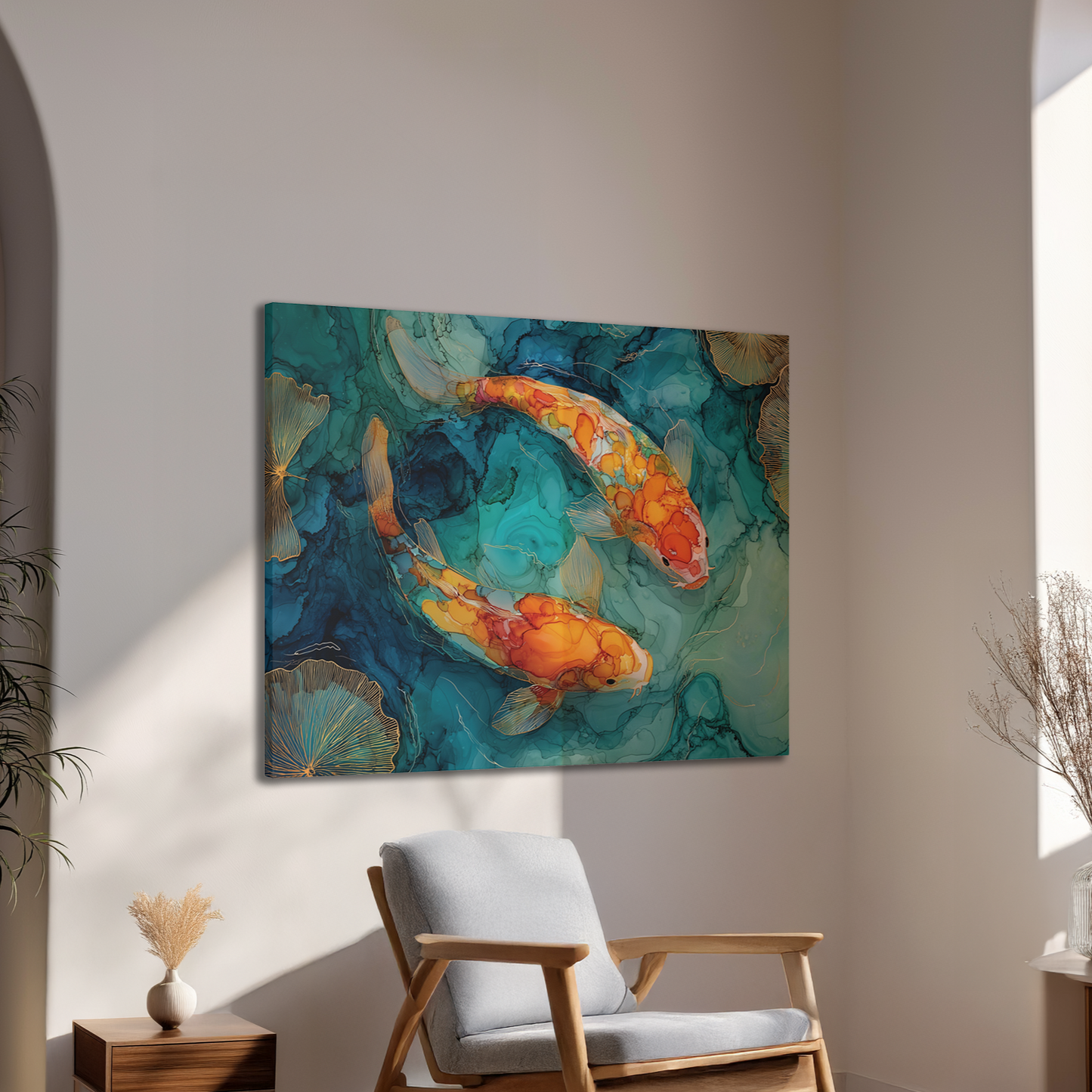 Colorful abstract painting of koi fish on a wall above a wooden chair in a room with natural light.