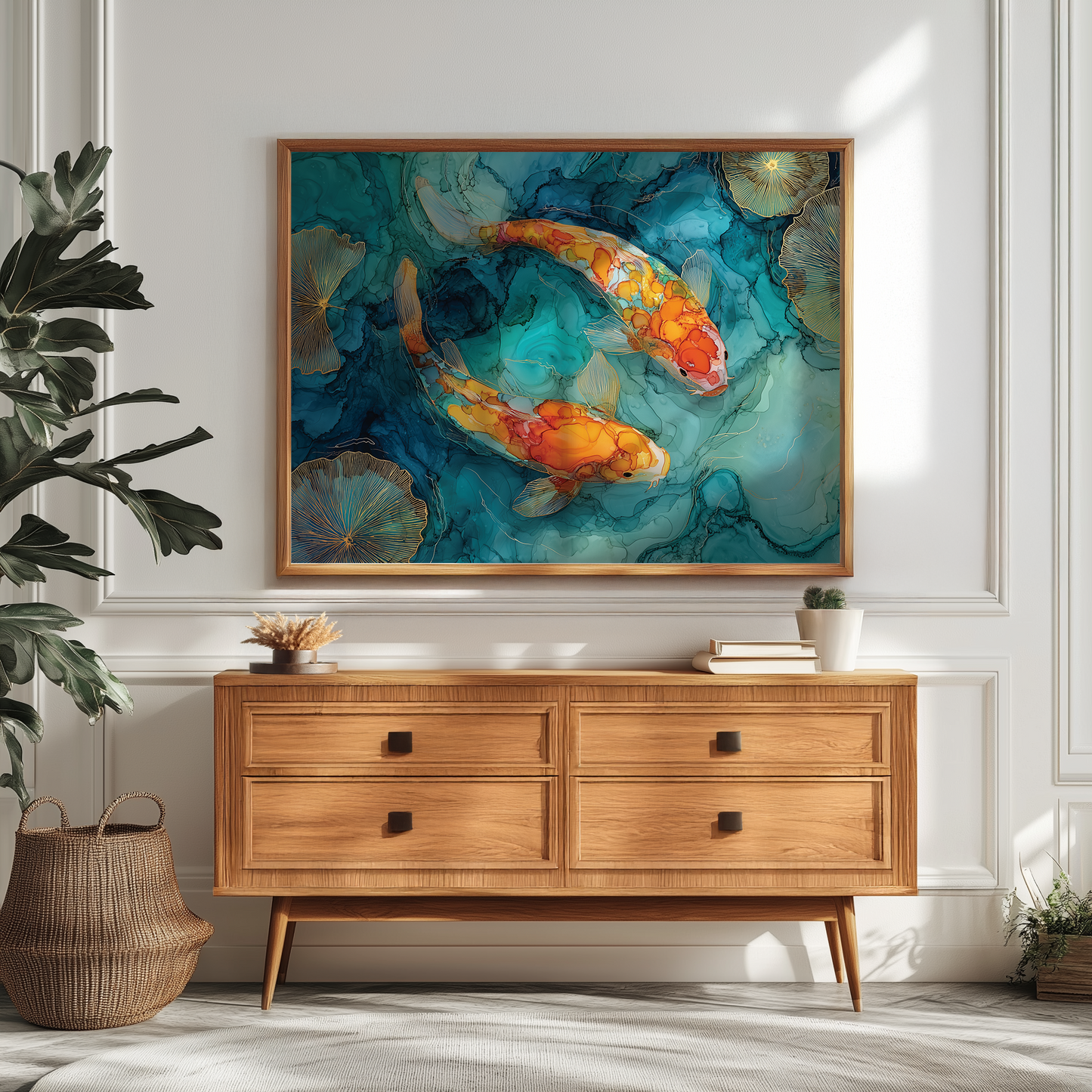 Japanese Koi Fish Art Print, Alcohol Ink Style Canvas or Poster Print, Abstract Pond Zen Wall Art Home Decor, Living Room Decoration
