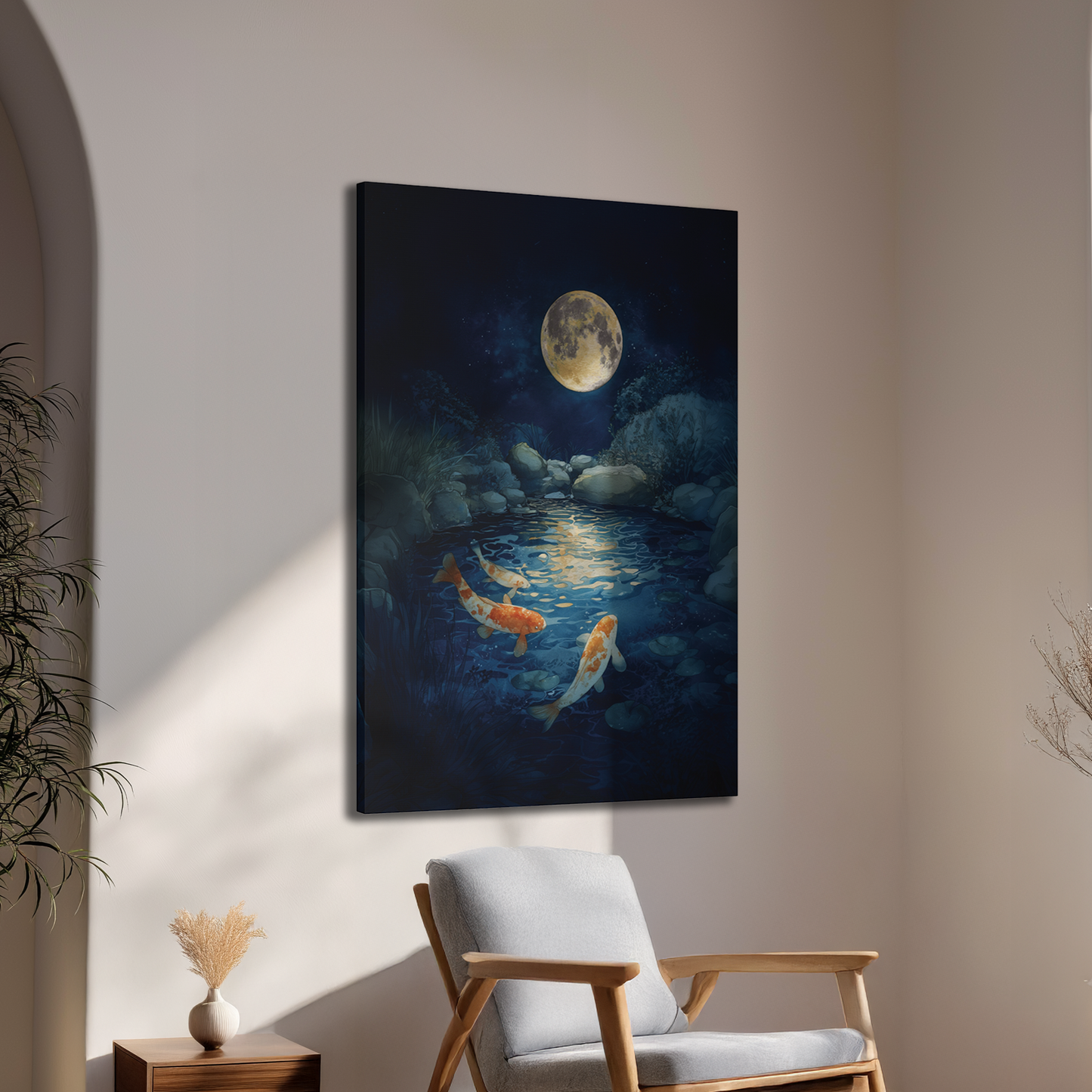 Koi Fish Full Moon Wall Art Canvas or Poster Print, Celestial Garden Pond Print, Japanese Night Pond Print, Japan Koi Fish Home Decor