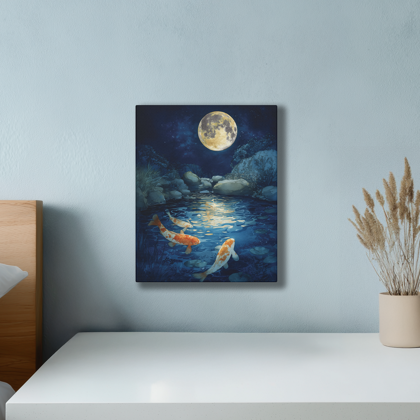 Koi Fish Full Moon Wall Art Canvas or Poster Print, Celestial Garden Pond Print, Japanese Night Pond Print, Japan Koi Fish Home Decor