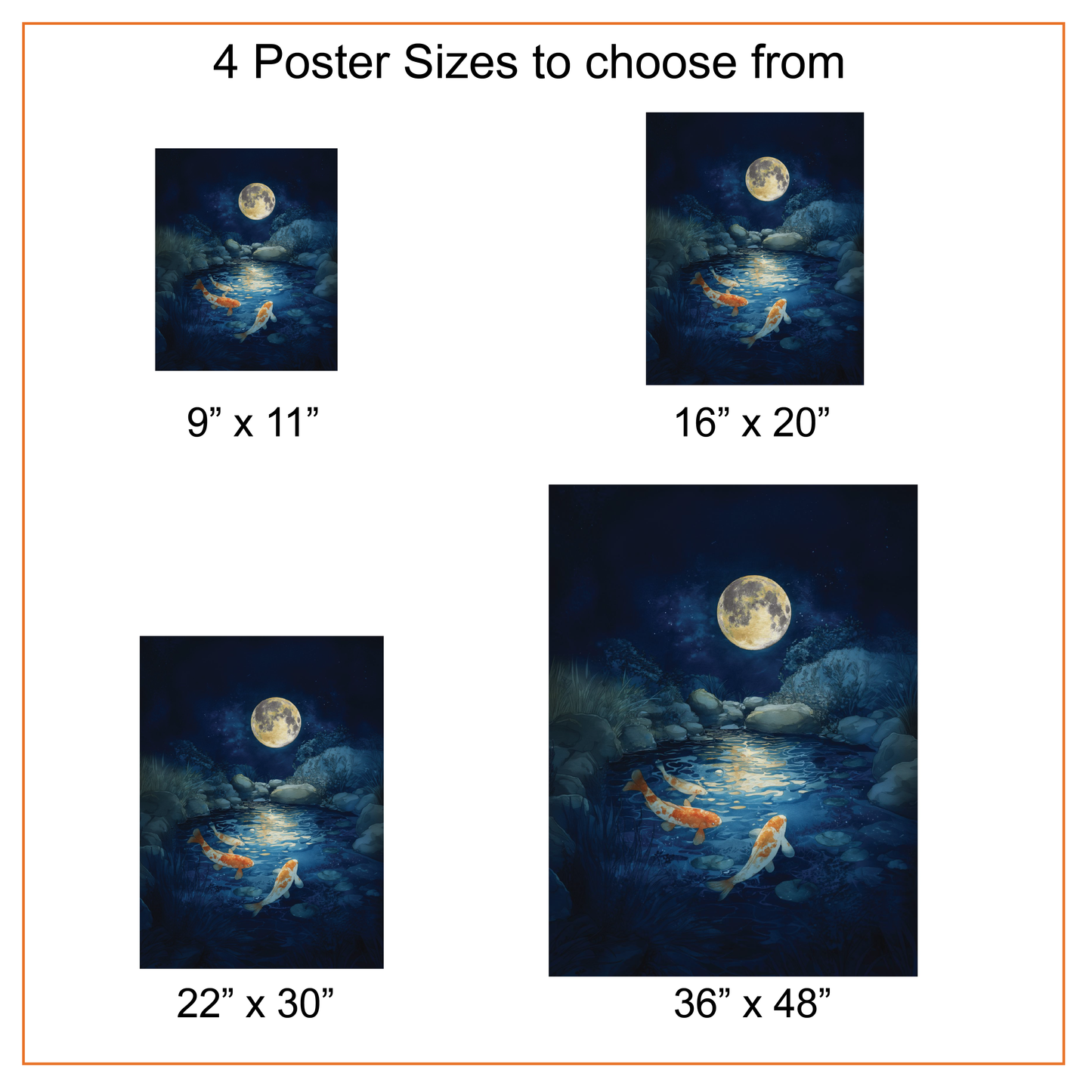 Koi Fish Full Moon Wall Art Canvas or Poster Print, Celestial Garden Pond Print, Japanese Night Pond Print, Japan Koi Fish Home Decor