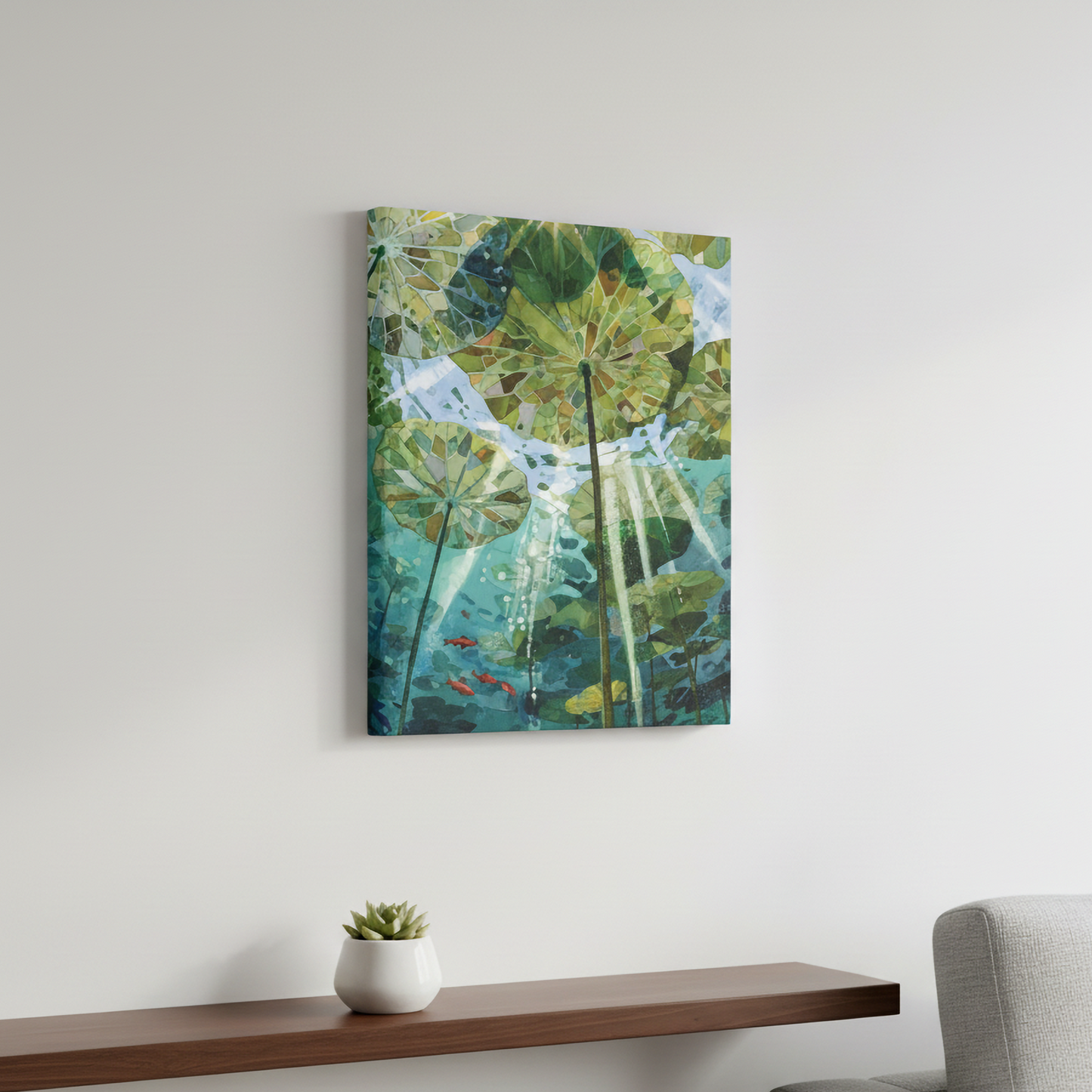 Underwater Lily Pond Wall Art, Sunlight Through Lily Pads Canvas or Poster Print, Nature Inspired Water Garden Artwork, Living Room Decor