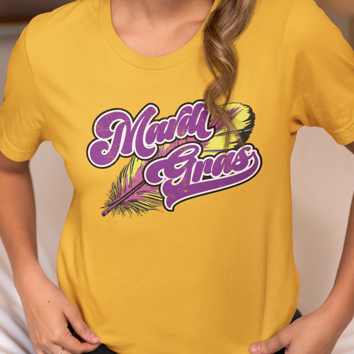 Mardi Gras Jersey Tee, Festival Distressed Shirt, Unisex Party Top, Purple Gold Feathers, Vintage Style Celebration Tshirt, Fun Casual Vibes