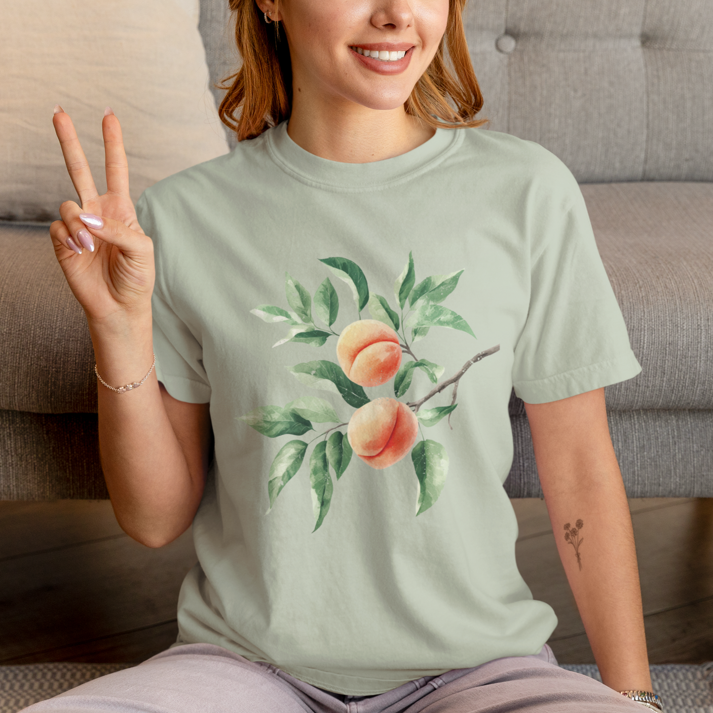 Comfort Colors Peach Branch Watercolor Style Garment-Dyed T-shirt, Botanical Boho Summer Tee, Worn-in Distressed Art Shirt, Fruit Lover