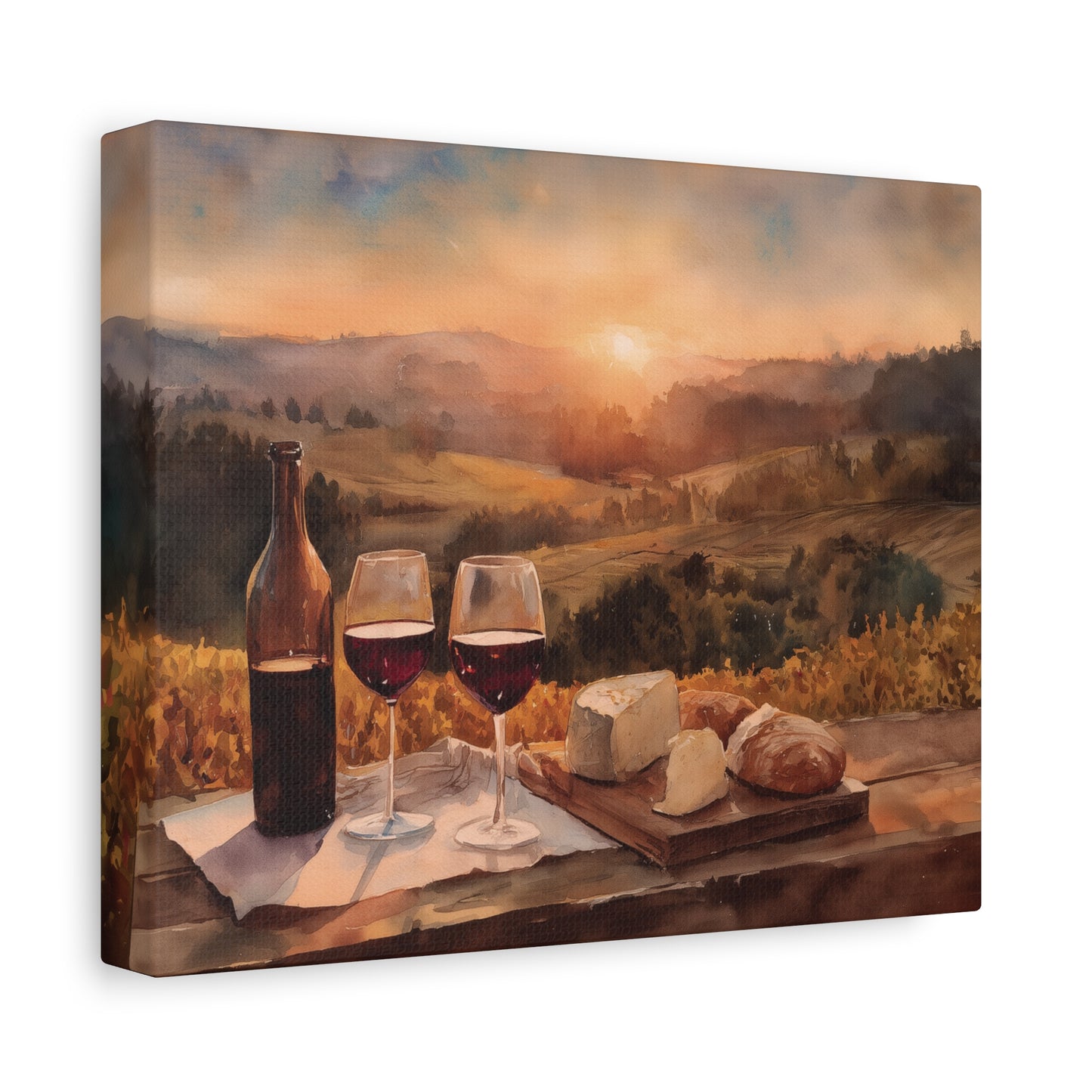 Vineyard Sunset Wall Art, Tuscany Wine and Cheese Countryside Canvas Poster Print, Italian Kitchen Poster, Romantic Wine Country Home Decor