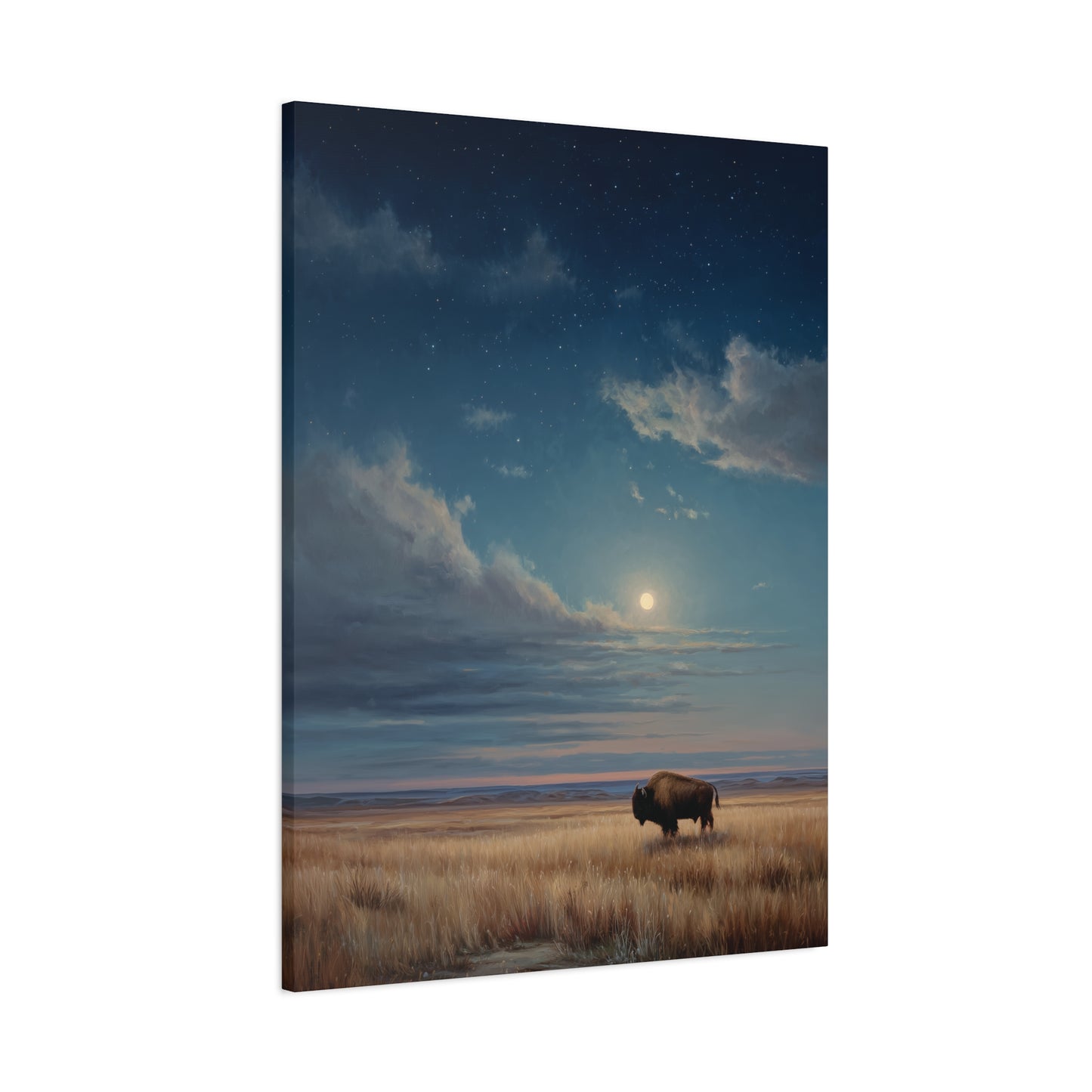Bison Under Moonlight Wall Art, Western Landscape Canvas or Poster Print, Starry Night Prairie Buffalo Print, Rustic Nature Home Decor