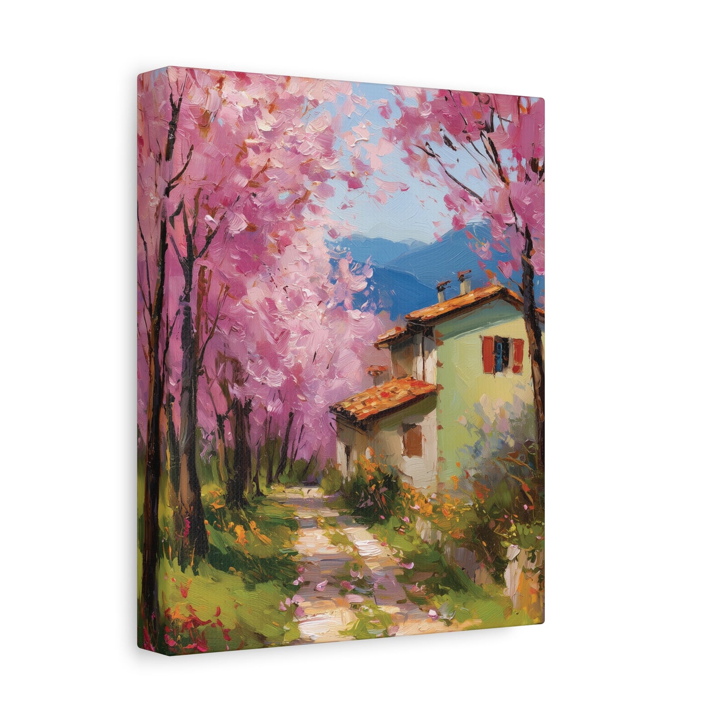 Countryside Path with Cherry Blossom Trees Wall Art Canvas or Poster Print, Rustic House Spring Landscape Painting Home Living Room Decor