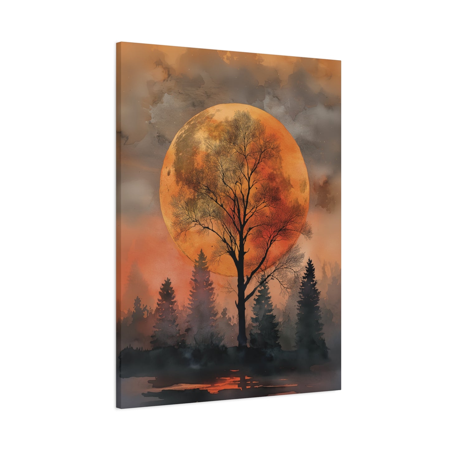 Orange Moon and Tree Landscape Wall Art, Autumn Forest Canvas or Poster Print, Celestial Night Painting for Home or Cabin Decor