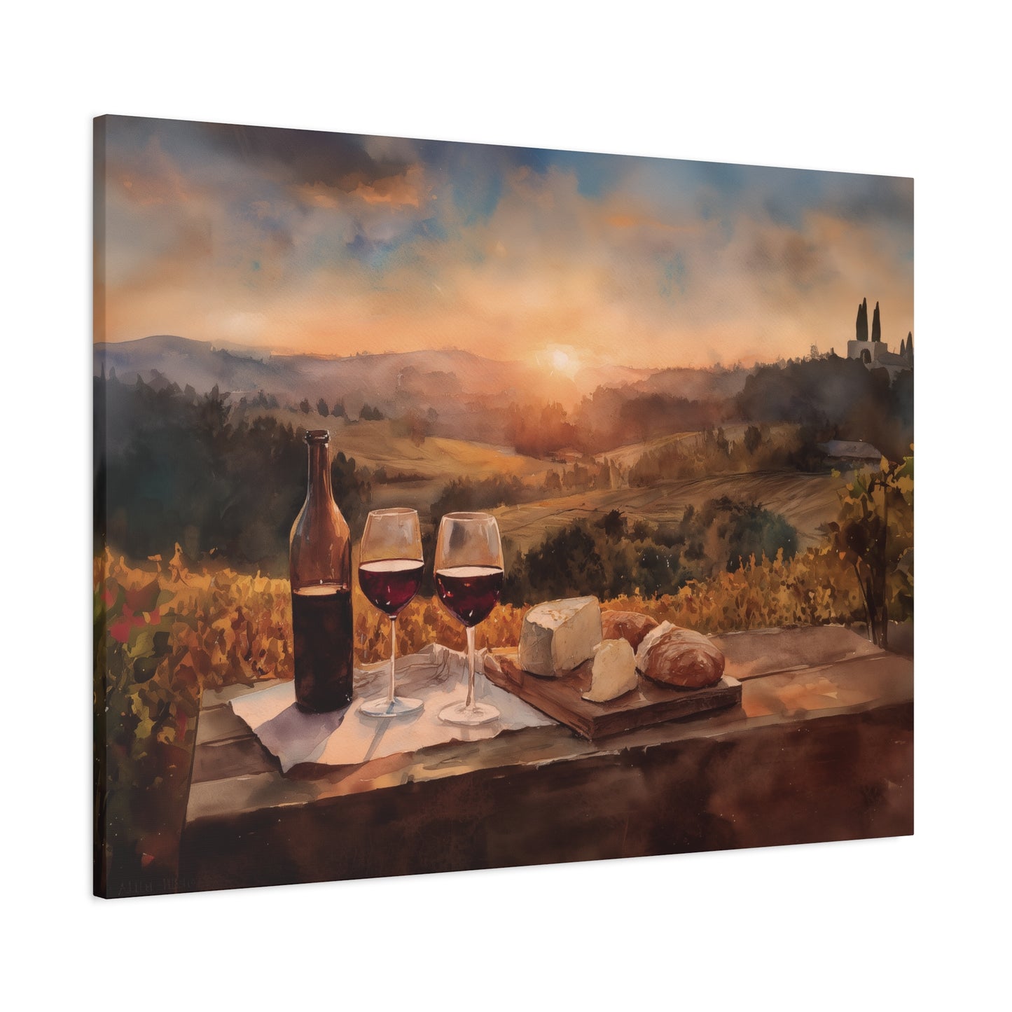 Vineyard Sunset Wall Art, Tuscany Wine and Cheese Countryside Canvas Poster Print, Italian Kitchen Poster, Romantic Wine Country Home Decor