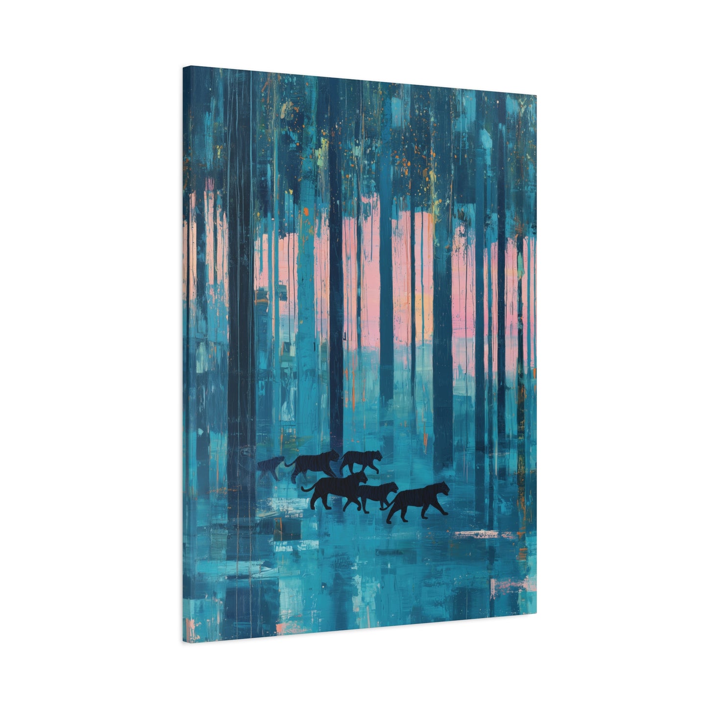 Abstract Blue Forest Tiger Canvas, Teal Pink Landscape Wall Art, Modern Wildlife Poster Print, Moody Maximalist Decor, Tiger Nature Print
