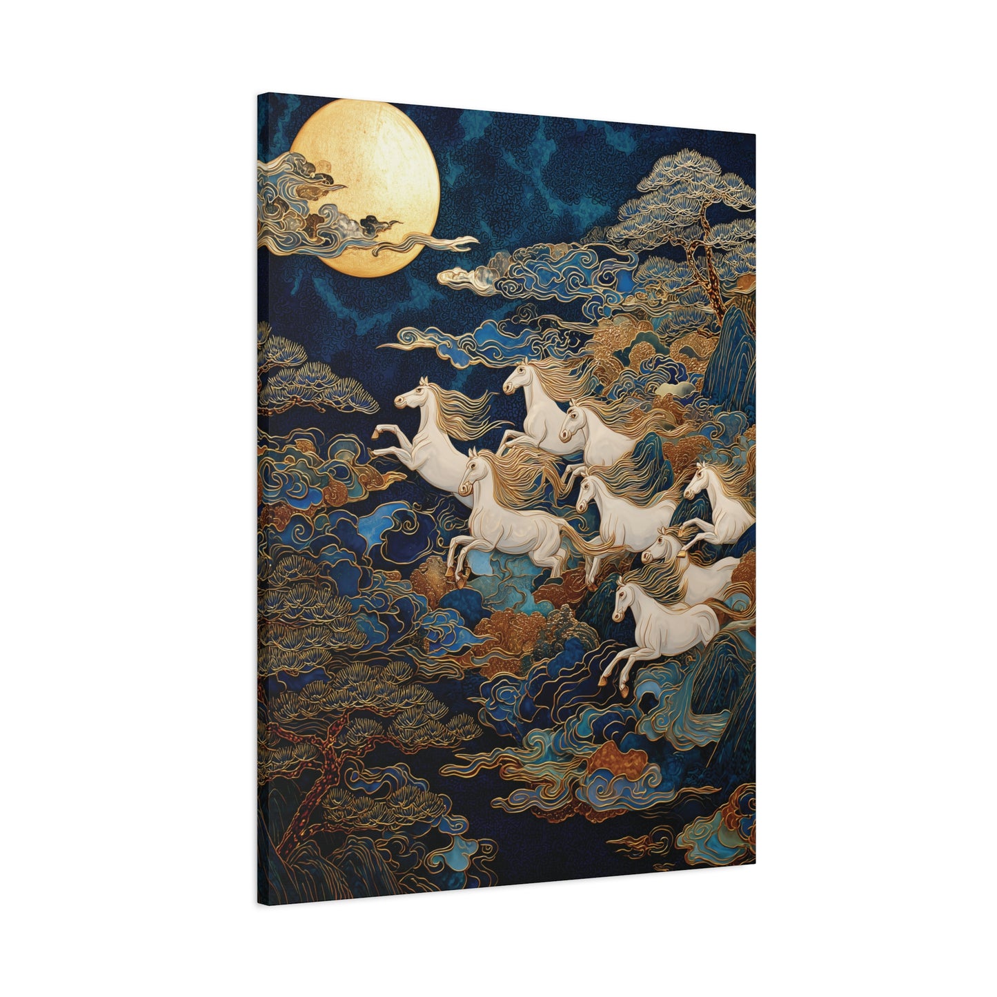 Eight White Horses Canvas, Year of the Horse, Japanese Art Poster Print, Asian Celestial Poster, Full Moon Wall Art, Mythical Animal Decor