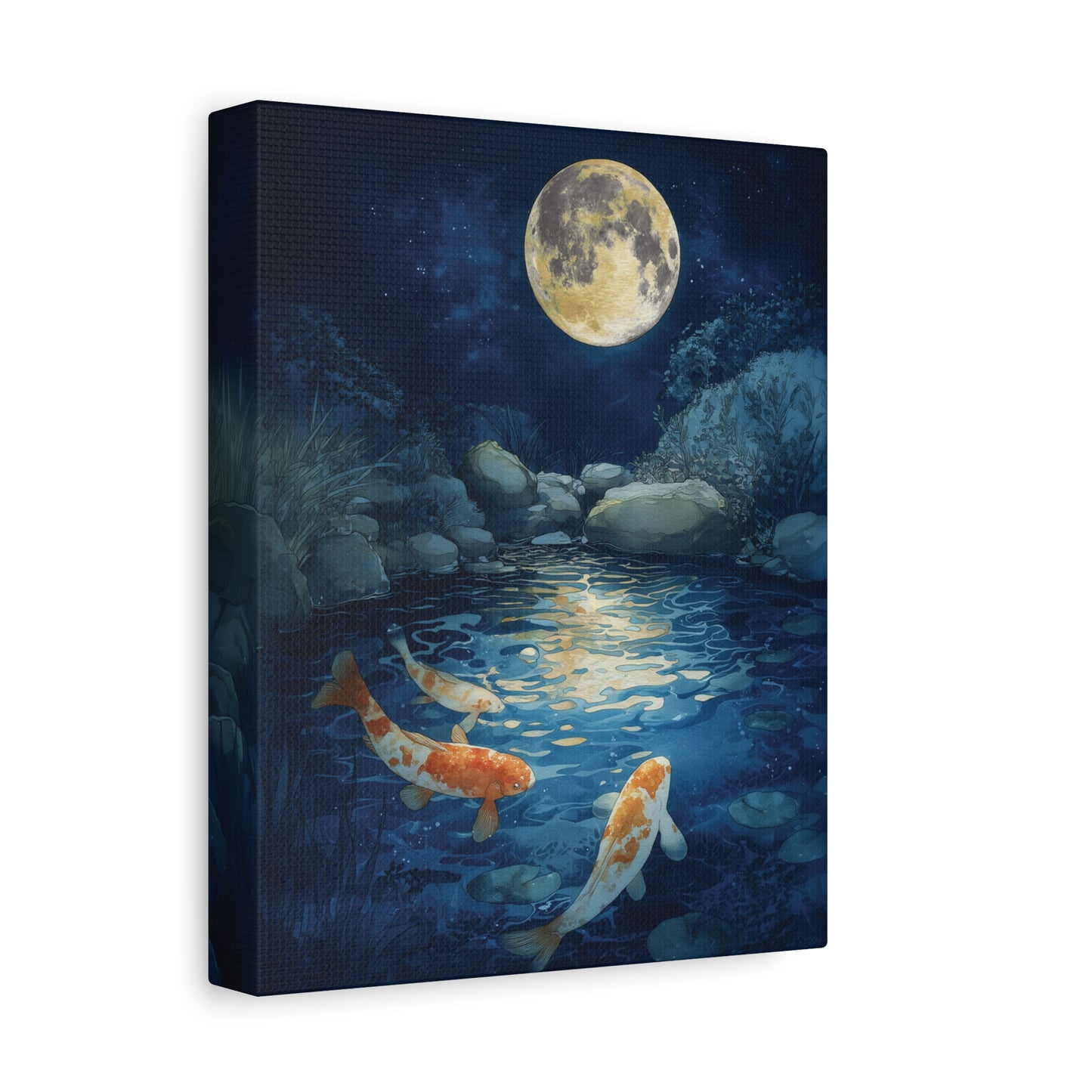 Koi Fish Full Moon Wall Art Canvas or Poster Print, Celestial Garden Pond Print, Japanese Night Pond Print, Japan Koi Fish Home Decor