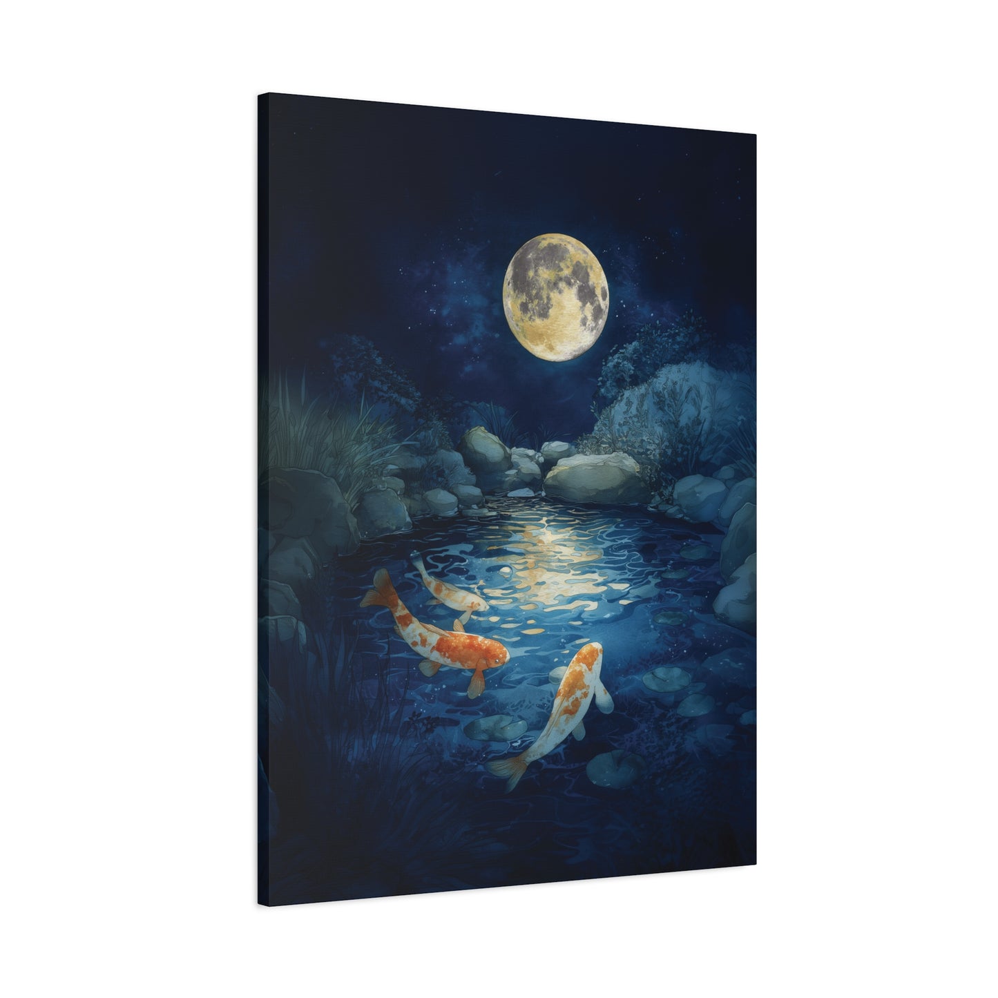 Koi Fish Full Moon Wall Art Canvas or Poster Print, Celestial Garden Pond Print, Japanese Night Pond Print, Japan Koi Fish Home Decor