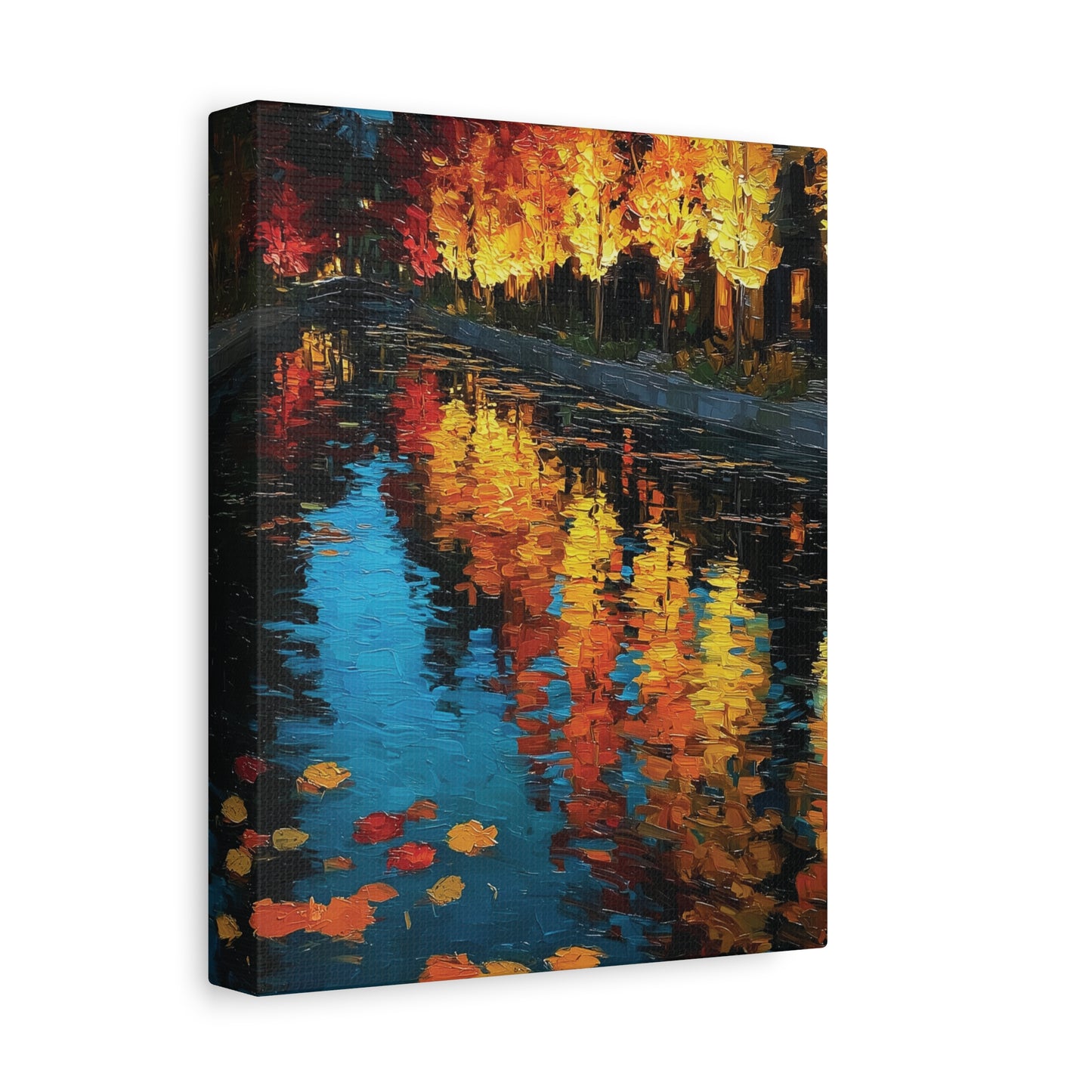 Autumn Reflections Impressionist Canvas or Poster Print, Golden Fall Trees and Colorful Leaves on River, Oil Painting Style Wall art