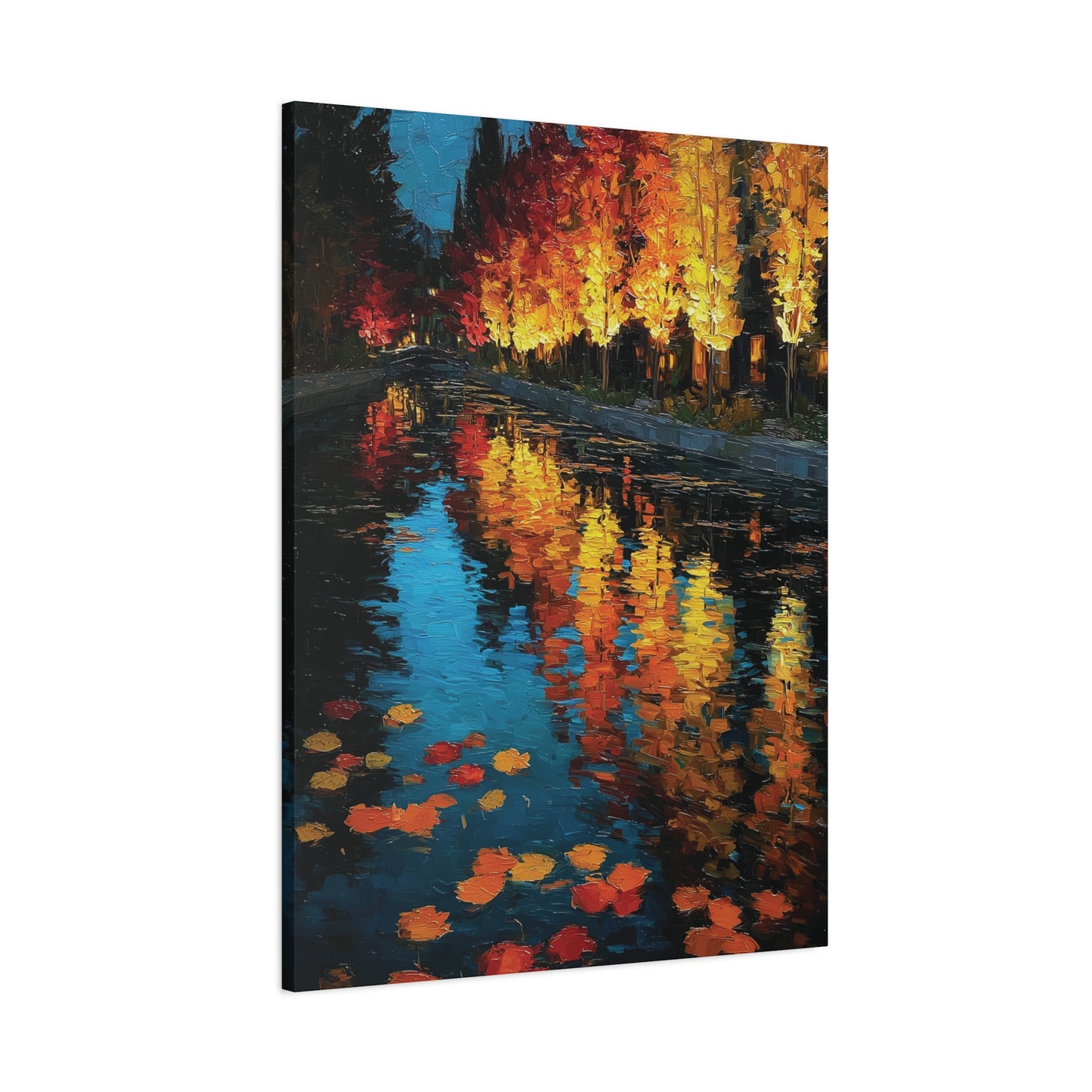 Autumn Reflections Impressionist Canvas or Poster Print, Golden Fall Trees and Colorful Leaves on River, Oil Painting Style Wall art