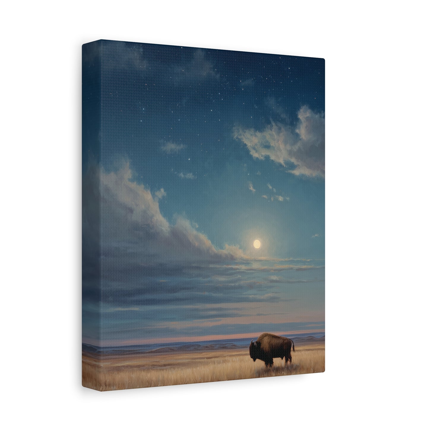 Bison Under Moonlight Wall Art, Western Landscape Canvas or Poster Print, Starry Night Prairie Buffalo Print, Rustic Nature Home Decor