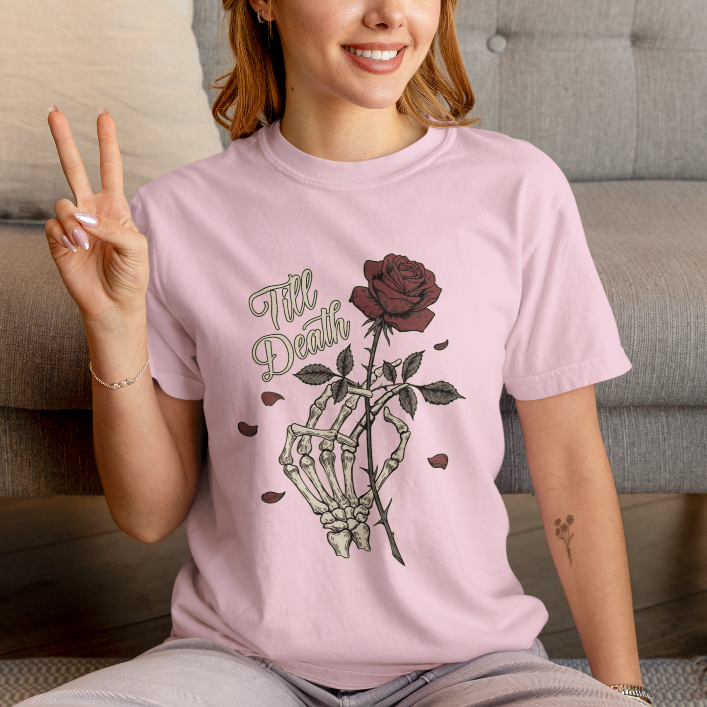 Comfort Colors Skeleton Hand & Rose Gothic T-Shirt, Till Death Scripted Tee, Dark Funny Romantic Tee, Edgy Style Goth Fashion