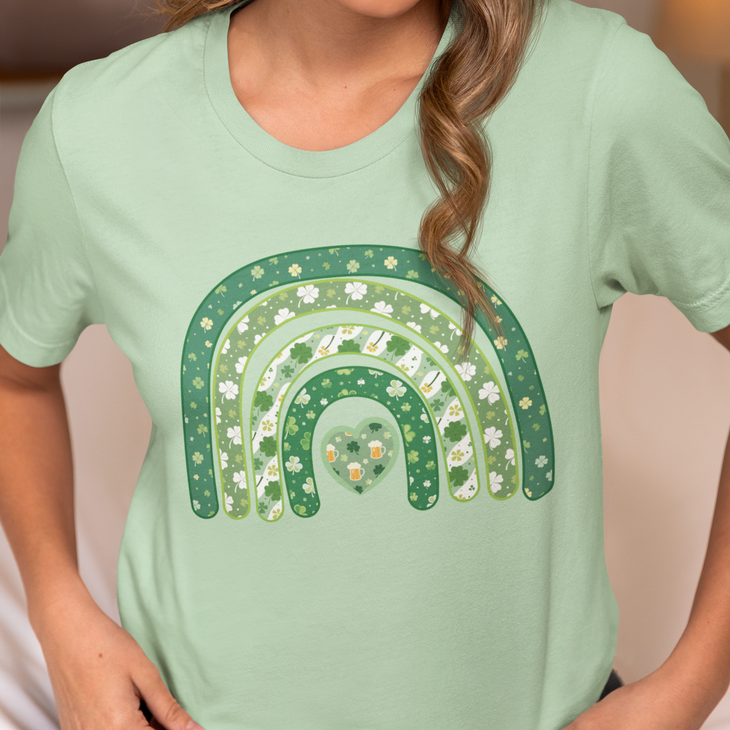 St Patrick's Day Rainbow T-Shirt, Lucky Shamrock Tee, Irish Beer Lover Top, Festive Clover Shirt, Heart Motif Apparel, St Patricks Day Gift