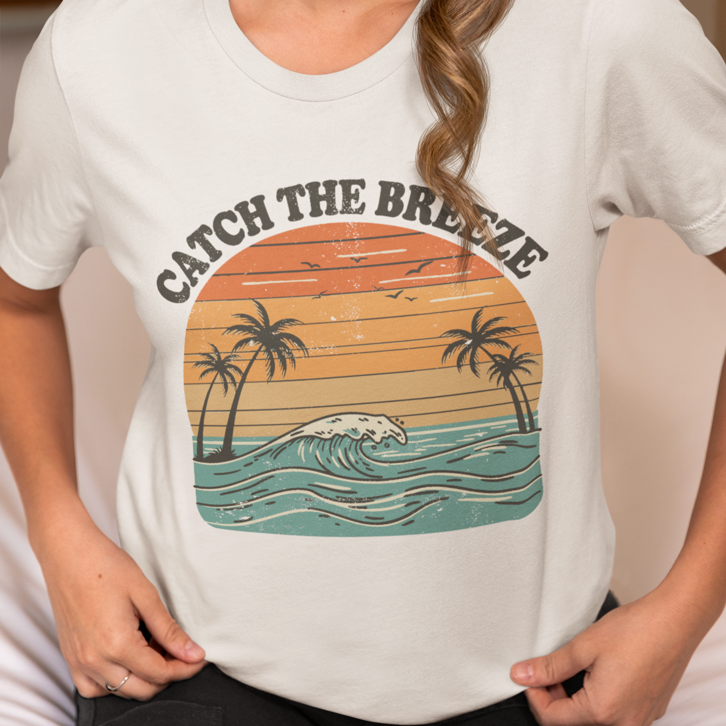 Vintage Style Catch the Breeze Sunset T-Shirt, Ocean Waves Palm Trees Tee, Retro Coastal Summer Shirt, Surfing Beach Lover, Boho Nostalgic