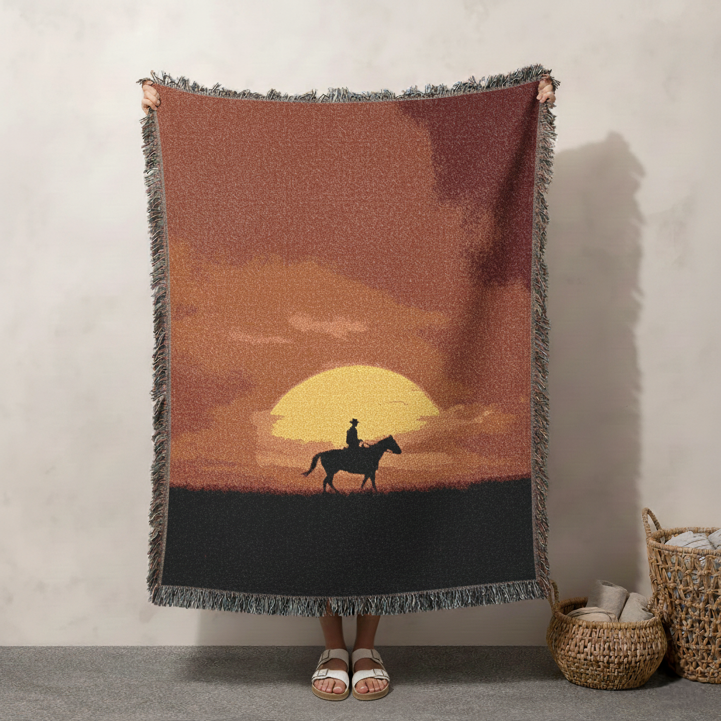 Cowboy Sunset Woven Blanket Tapestry, Western Style Home Decor, Horse Lover, Nature Inspired Wall Art, Rustic Bedding, Fringed Couch Throw