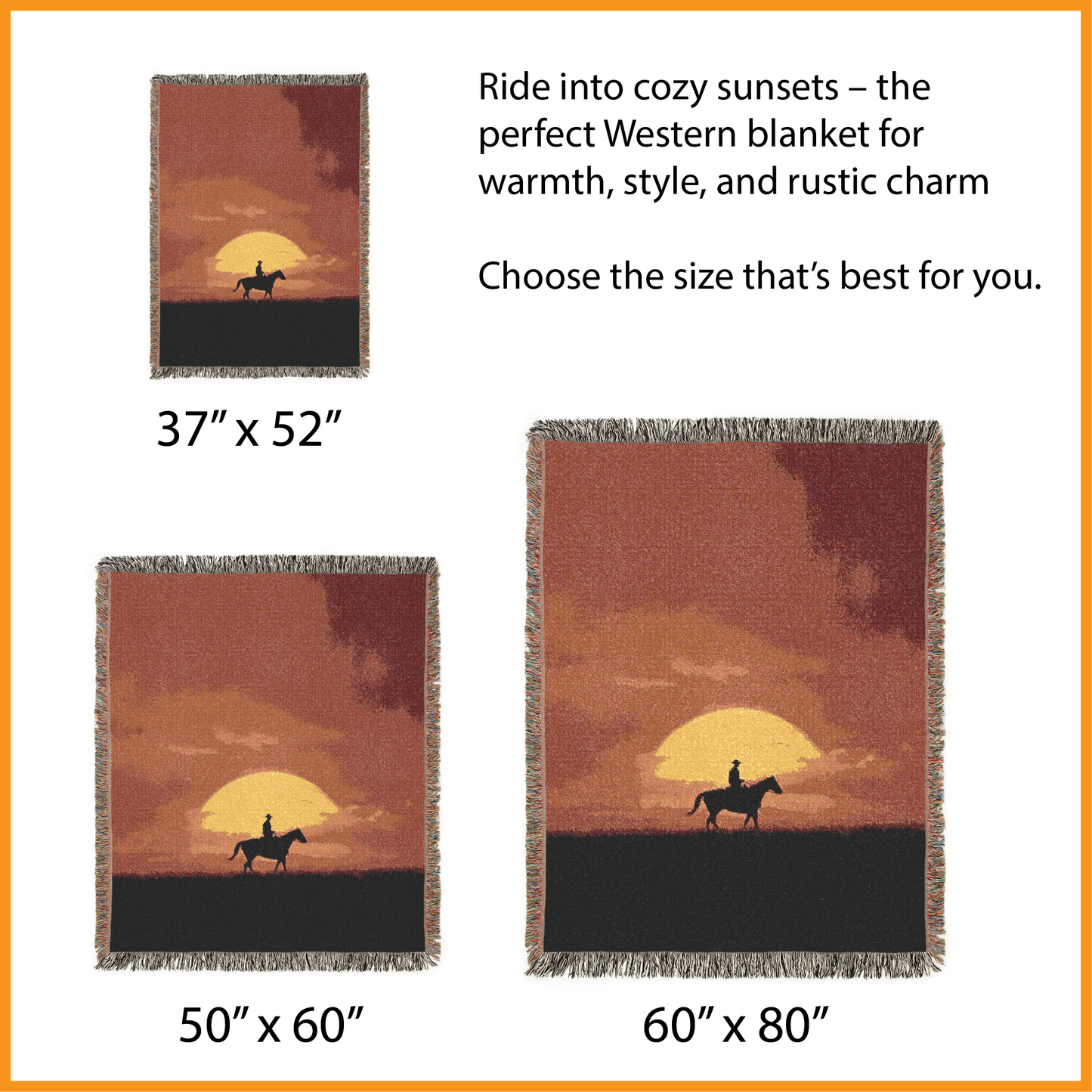 Cowboy Sunset Woven Blanket Tapestry, Western Style Home Decor, Horse Lover, Nature Inspired Wall Art, Rustic Bedding, Fringed Couch Throw