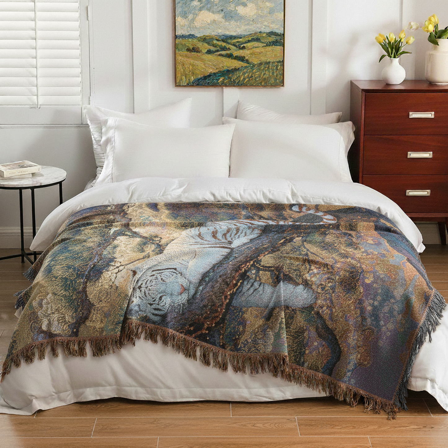 Majestic White Tiger Tapestry Home Decor Woven Blanket Throw, Oriental Asian Style Art Blanket, Tiger Lover Gift, Serene Wildlife Decor