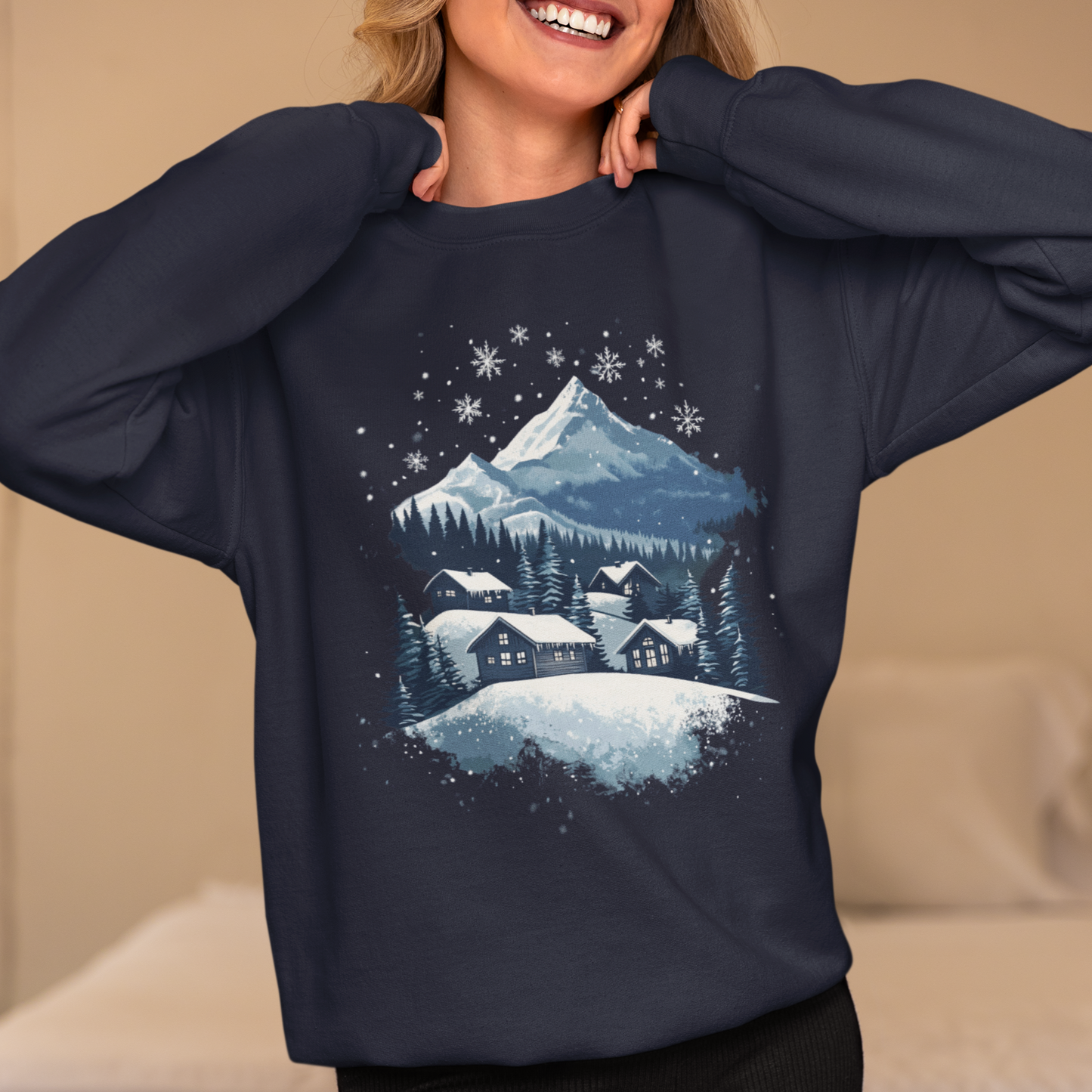 Winter Serenity Graphic Sweatshirt, Peaceful Snowy Mountain Scene, Cozy Cabin, Minimalist Snowfall Design, Soft Blue White Silver Tone