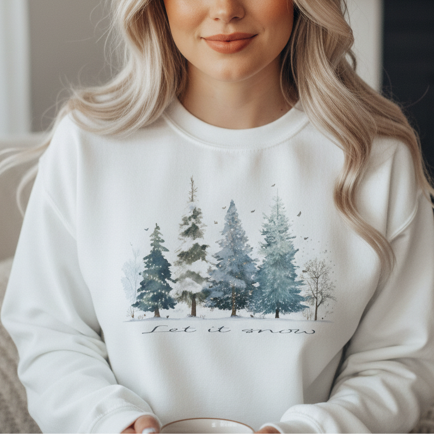 Winter Wonderland Forest Let It Snow Crewneck Sweatshirt, Snowy Pine Trees, Holiday Apparel, Cozy Jumper, Christmas Sweater