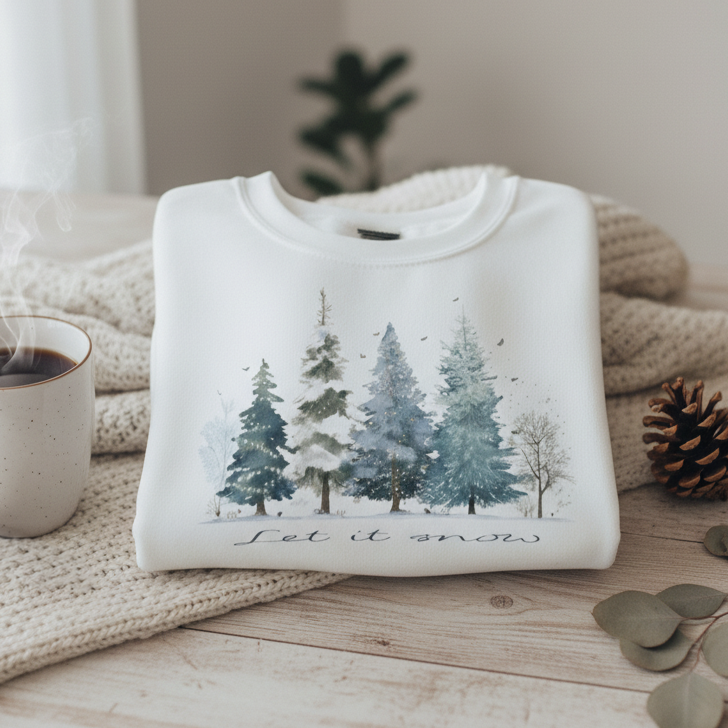 Winter Wonderland Forest Let It Snow Crewneck Sweatshirt, Snowy Pine Trees, Holiday Apparel, Cozy Jumper, Christmas Sweater