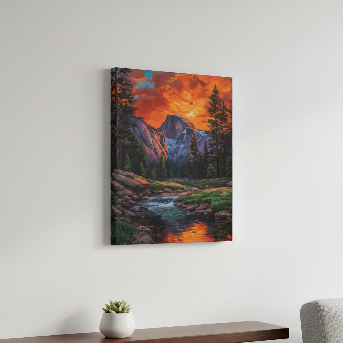 Yosemite Half Dome Canvas or Poster Print, Sunset Landscape Wall Art, Forest River Canvas, Mountain Home Decor, Gift for Hiker